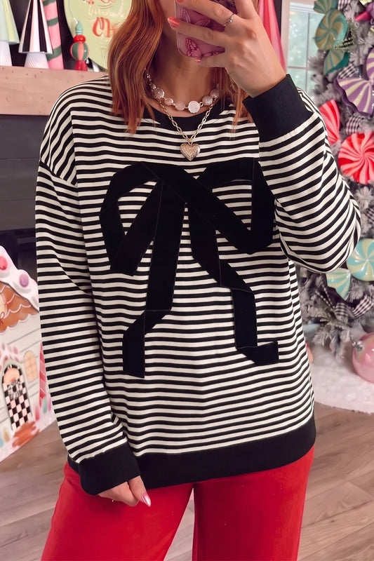 Black Stripe Velvet Bow Pattern Dropped Shoulder Loose Sweatshirt