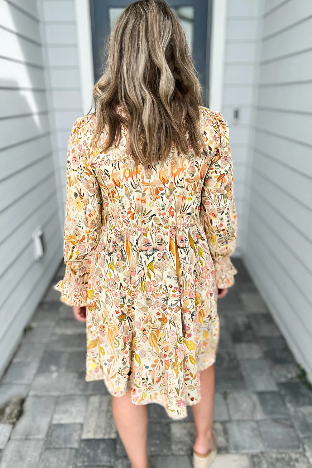 Yellow Floral Print Frilly Trim Smocked Cuff Long Sleeve Loose Shirt Dress-Dresses/Mini Dresses-[Adult]-[Female]-2022 Online Blue Zone Planet