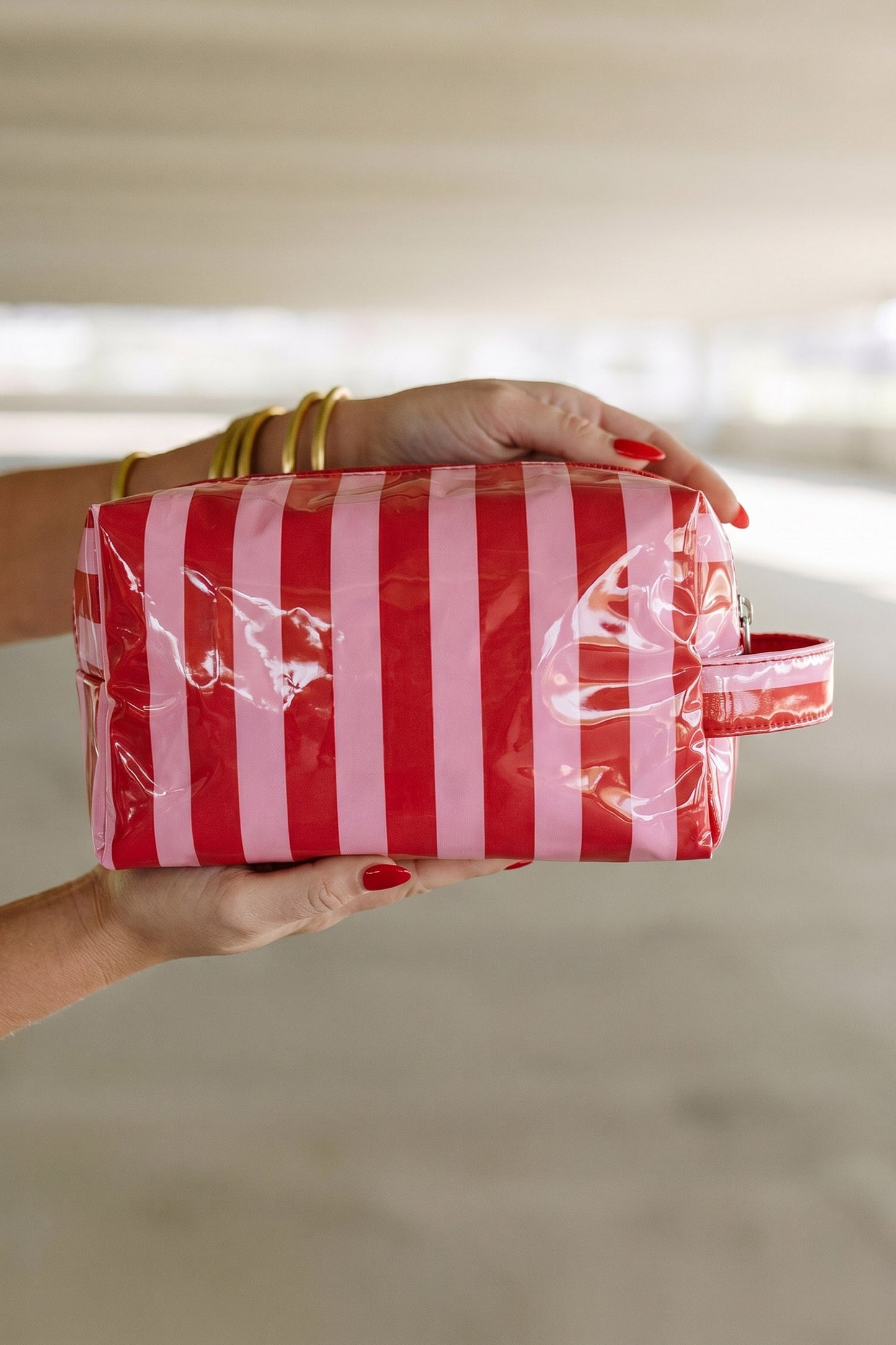 Light Pink PVC Striped Cosmetic Bag Durable Zipper Handle Travel Organizer