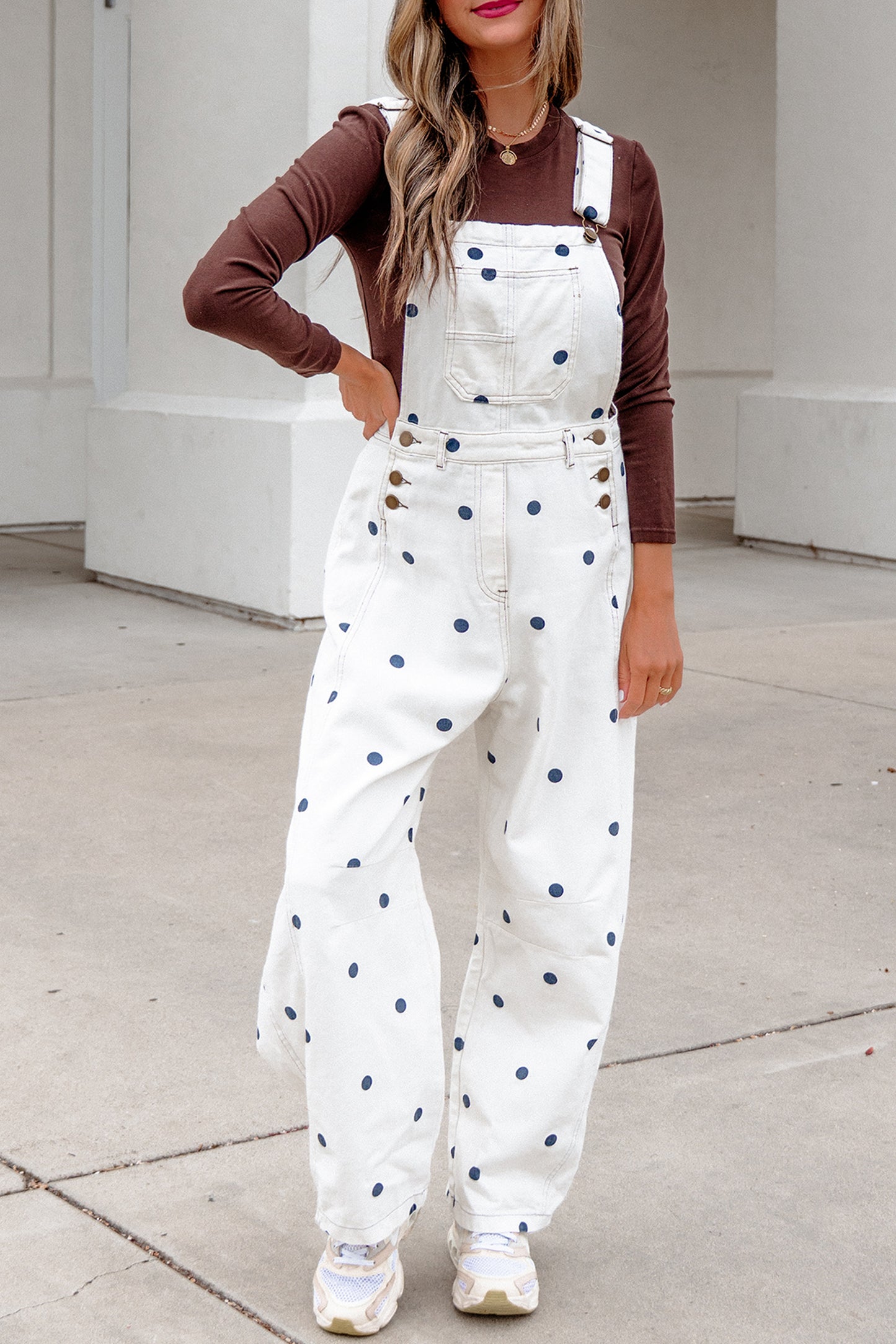 Jet Stream Polka Dot Print Bib Pocket Denim Barrel Overalls Jumpsuit-Bottoms/Jumpsuits & Rompers-[Adult]-[Female]-2022 Online Blue Zone Planet