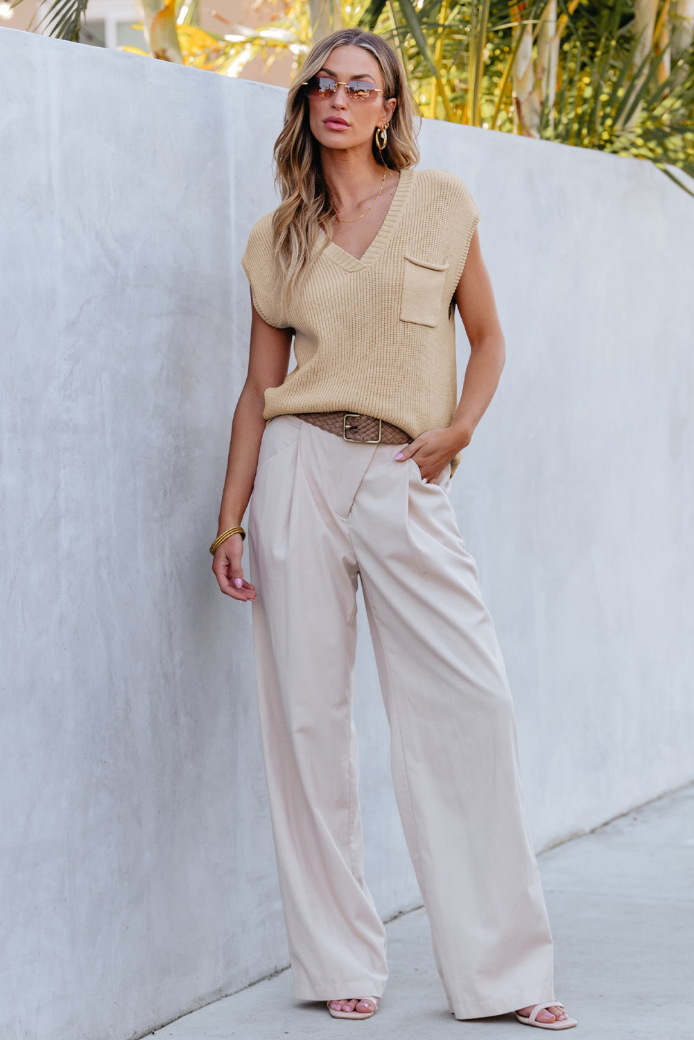 Apricot Chest Pocket V Neck Ribbed Cap Sleeve Sweater-TOPS / DRESSES-[Adult]-[Female]-2022 Online Blue Zone Planet