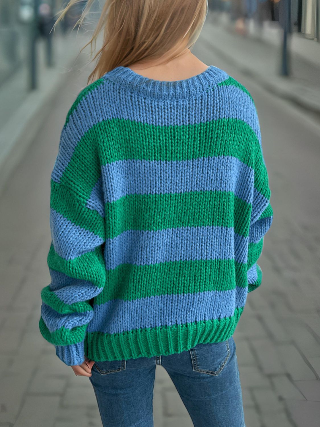 Contrast Striped Round Neck Long Sleeve Sweater-TOPS / DRESSES-[Adult]-[Female]-2022 Online Blue Zone Planet