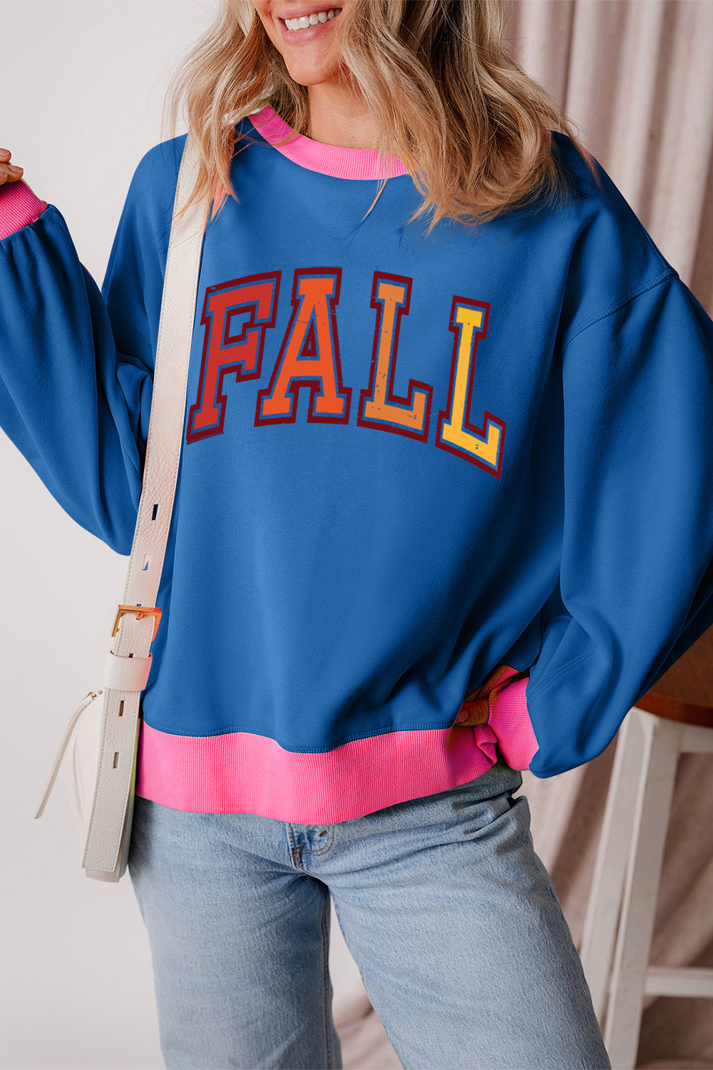 Letter Graphic Contrast Long Sleeve Sweatshirt-TOPS / DRESSES-[Adult]-[Female]-Peacock Blue-S-2022 Online Blue Zone Planet