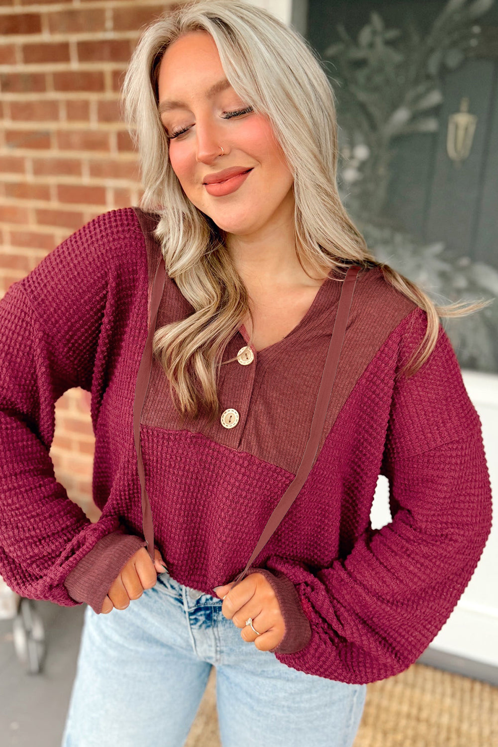 Racing Red Waffle Patchwork Drop Shoulder Hooded Long Sleeve Top-Tops / Dresses-[Adult]-[Female]-2022 Online Blue Zone Planet