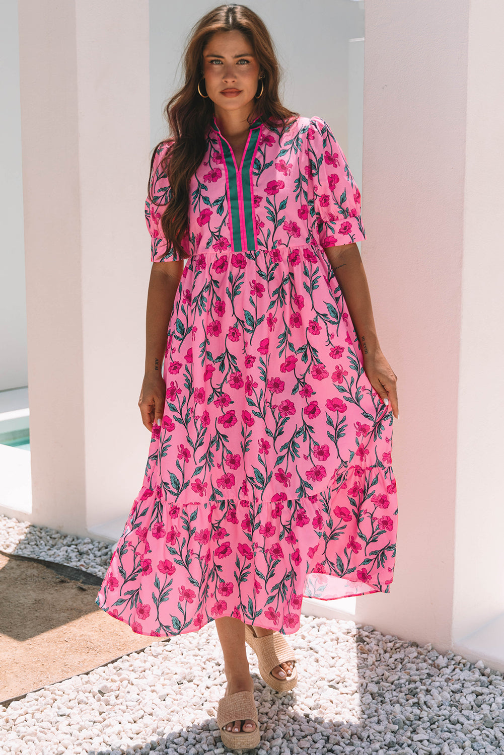 Pink Floral Contrast Neckline A-line Puff Sleeve Long Dress-Dresses/Maxi Dresses-[Adult]-[Female]-2022 Online Blue Zone Planet