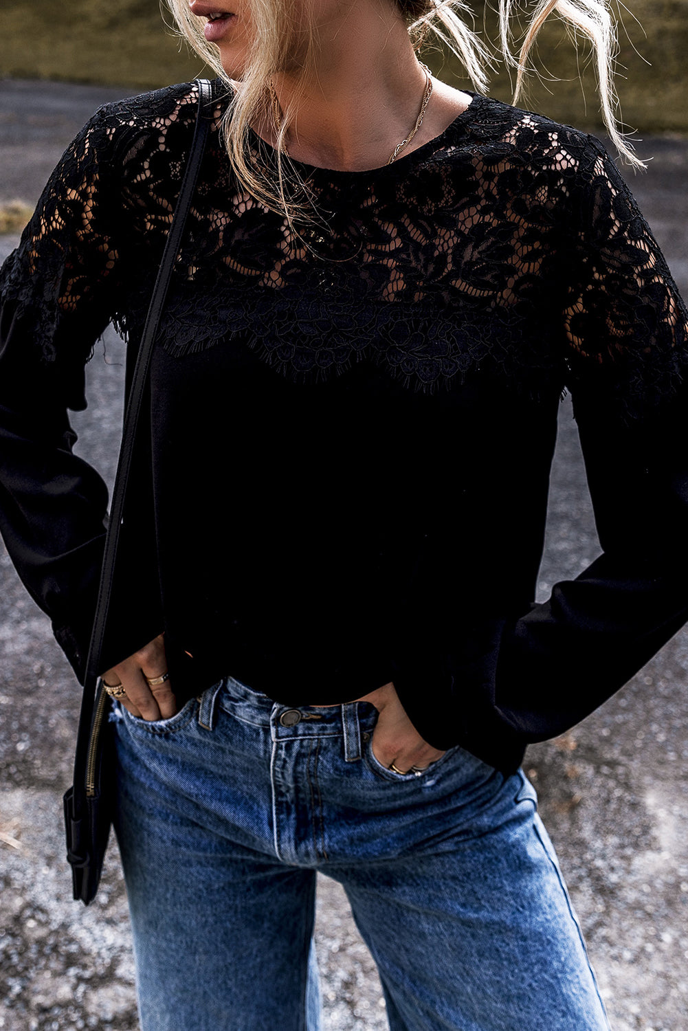Black Lace Crochet Patchwork O Neck Long Sleeve Top-Tops/Long Sleeve Tops-[Adult]-[Female]-2022 Online Blue Zone Planet