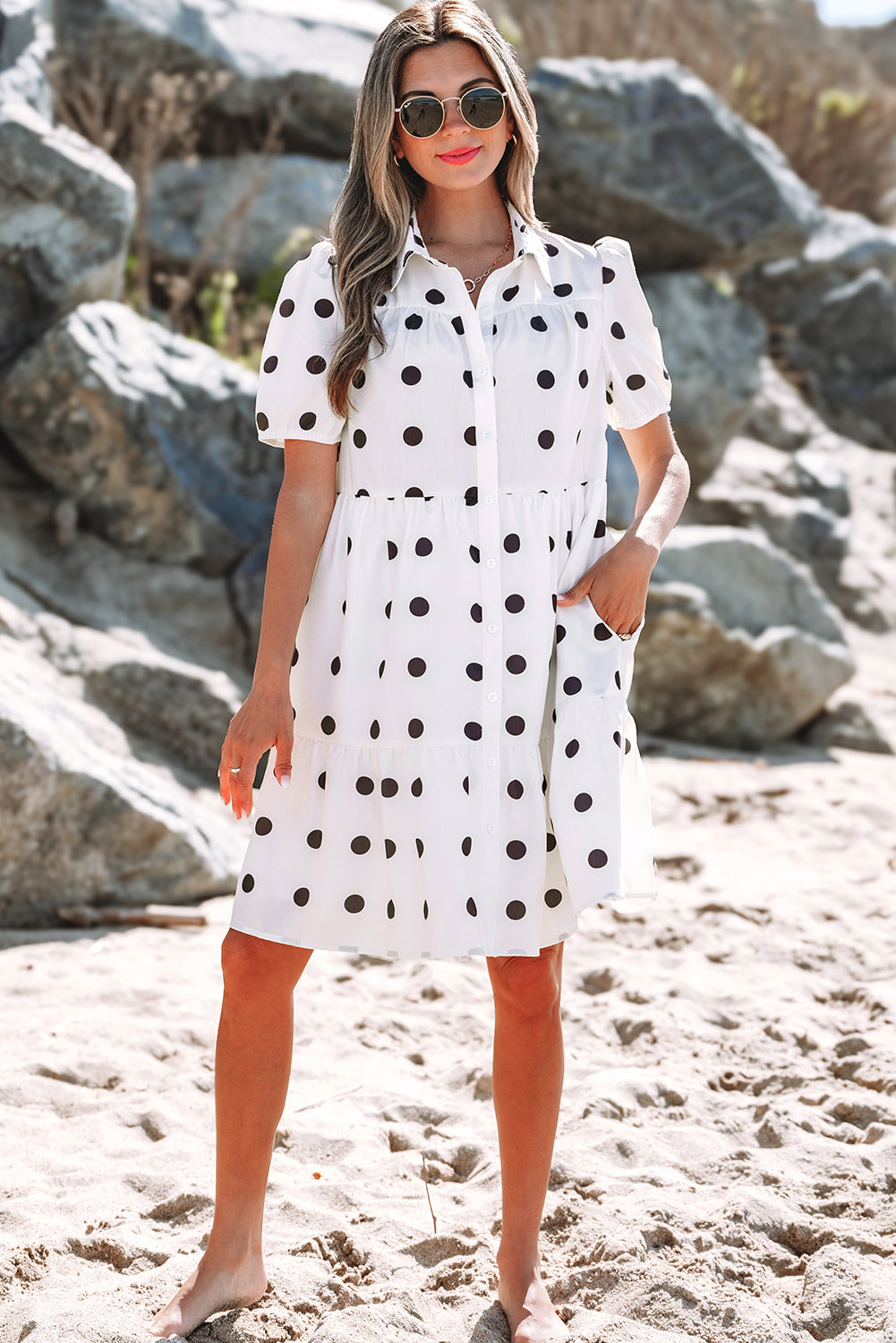 White Polka Dot Print Short Sleeve Collar Buttoned Tiered Babydoll Dress-TOPS / DRESSES-[Adult]-[Female]-2022 Online Blue Zone Planet