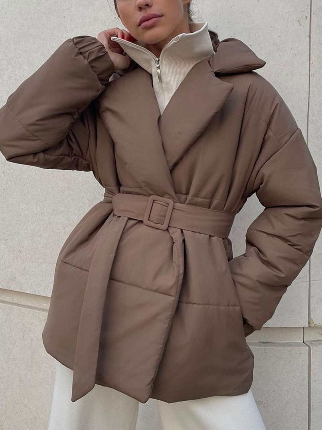 Puffer Long Sleeve Winter Coat with Belt-TOPS / DRESSES-[Adult]-[Female]-Taupe-S-2022 Online Blue Zone Planet