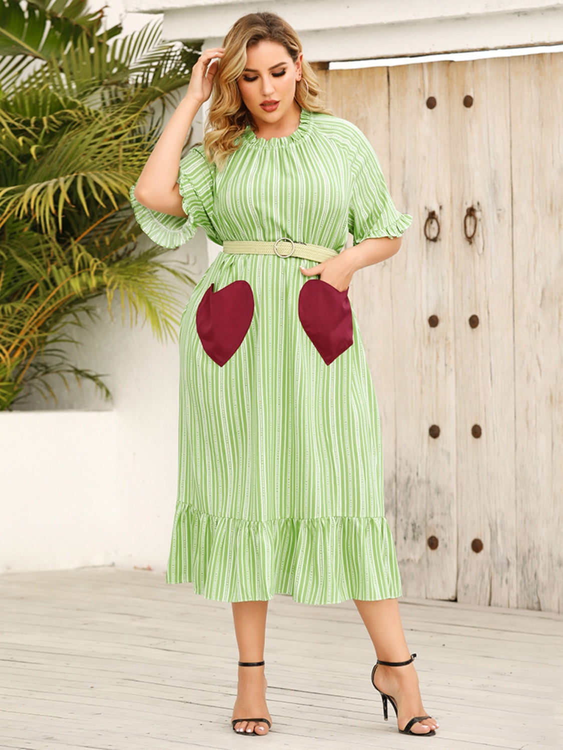 Plus Size Frill Heart Striped Half Sleeve Dress-TOPS / DRESSES-[Adult]-[Female]-2022 Online Blue Zone Planet