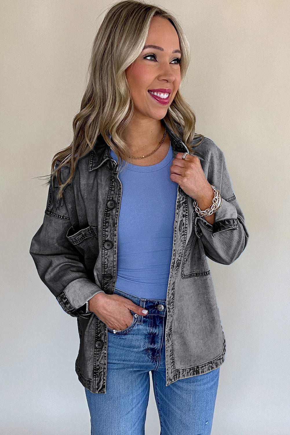 Medium Grey Mineral Wash Patched Pocket Split Denim Jacket-Outerwear/Denim jackets-[Adult]-[Female]-2022 Online Blue Zone Planet