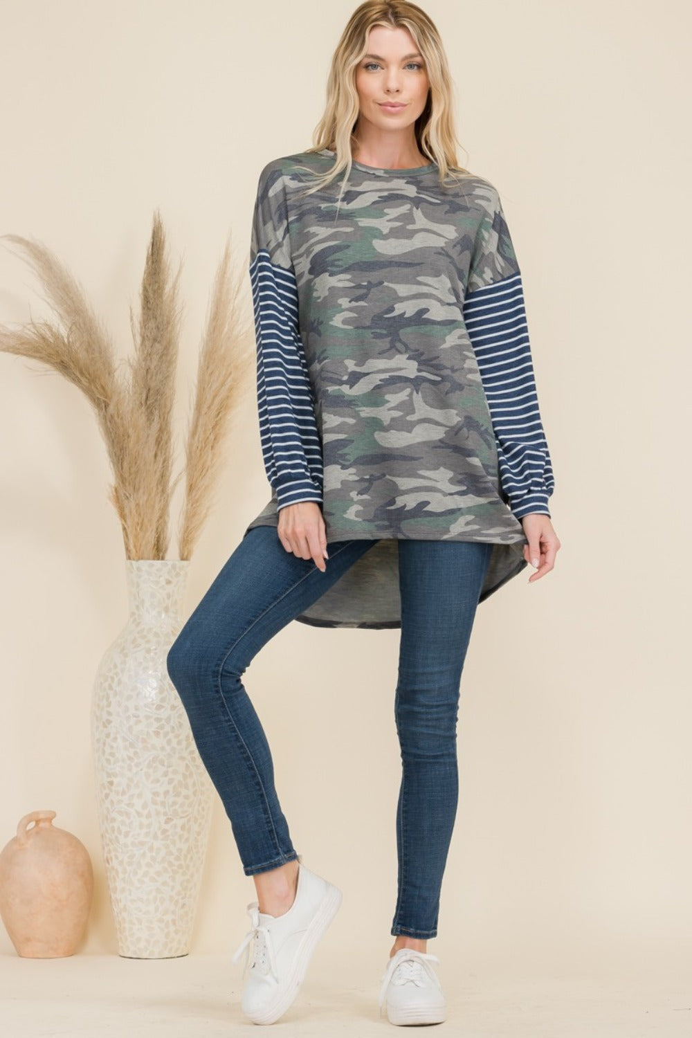 Celeste Full Size Camo Print High-Low T-Shirt with Stripe Sleeves-TOPS / DRESSES-[Adult]-[Female]-2022 Online Blue Zone Planet