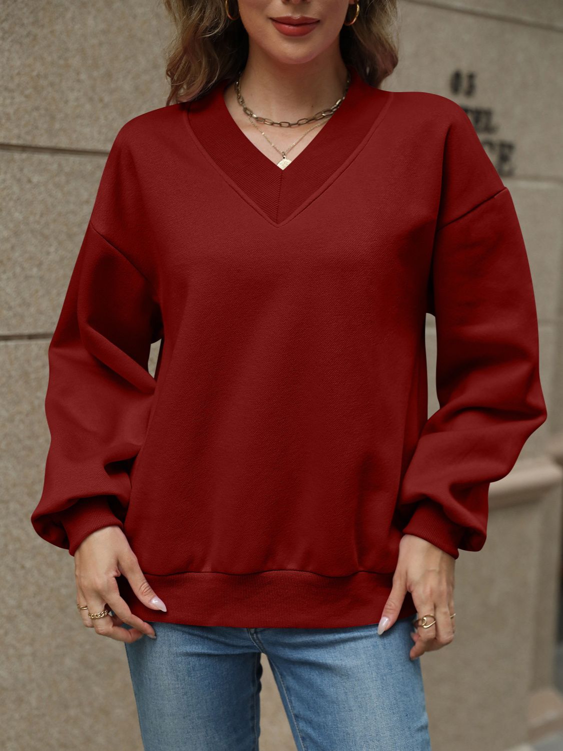 V-Neck Long Sleeve Dropped Shoulder Sweatshirt-TOPS / DRESSES-[Adult]-[Female]-2022 Online Blue Zone Planet