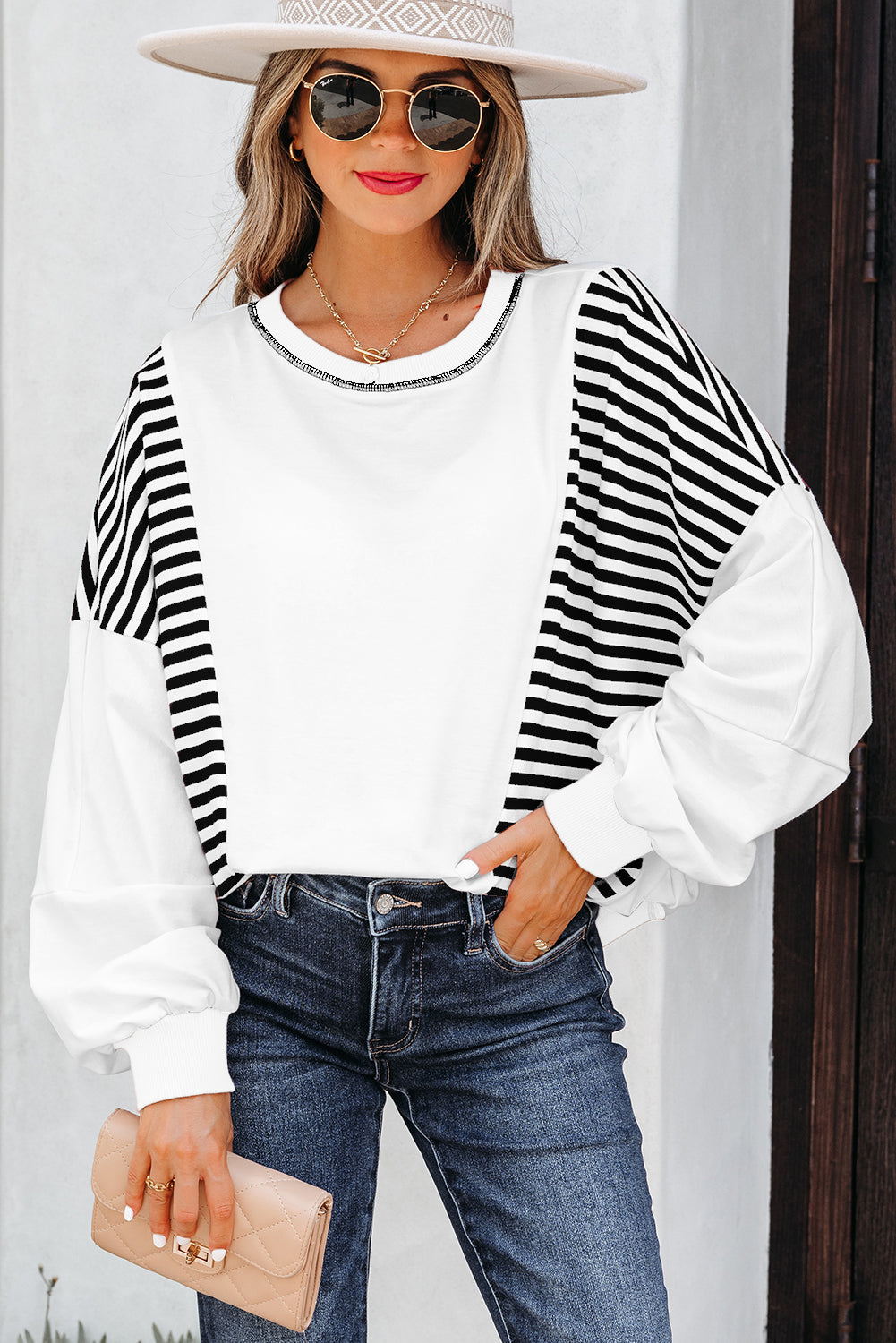 White Stripe Colorblock Patchwork Contrast Stitching Oversize Sweatshirt-Tops/Sweatshirts & Hoodies-[Adult]-[Female]-2022 Online Blue Zone Planet