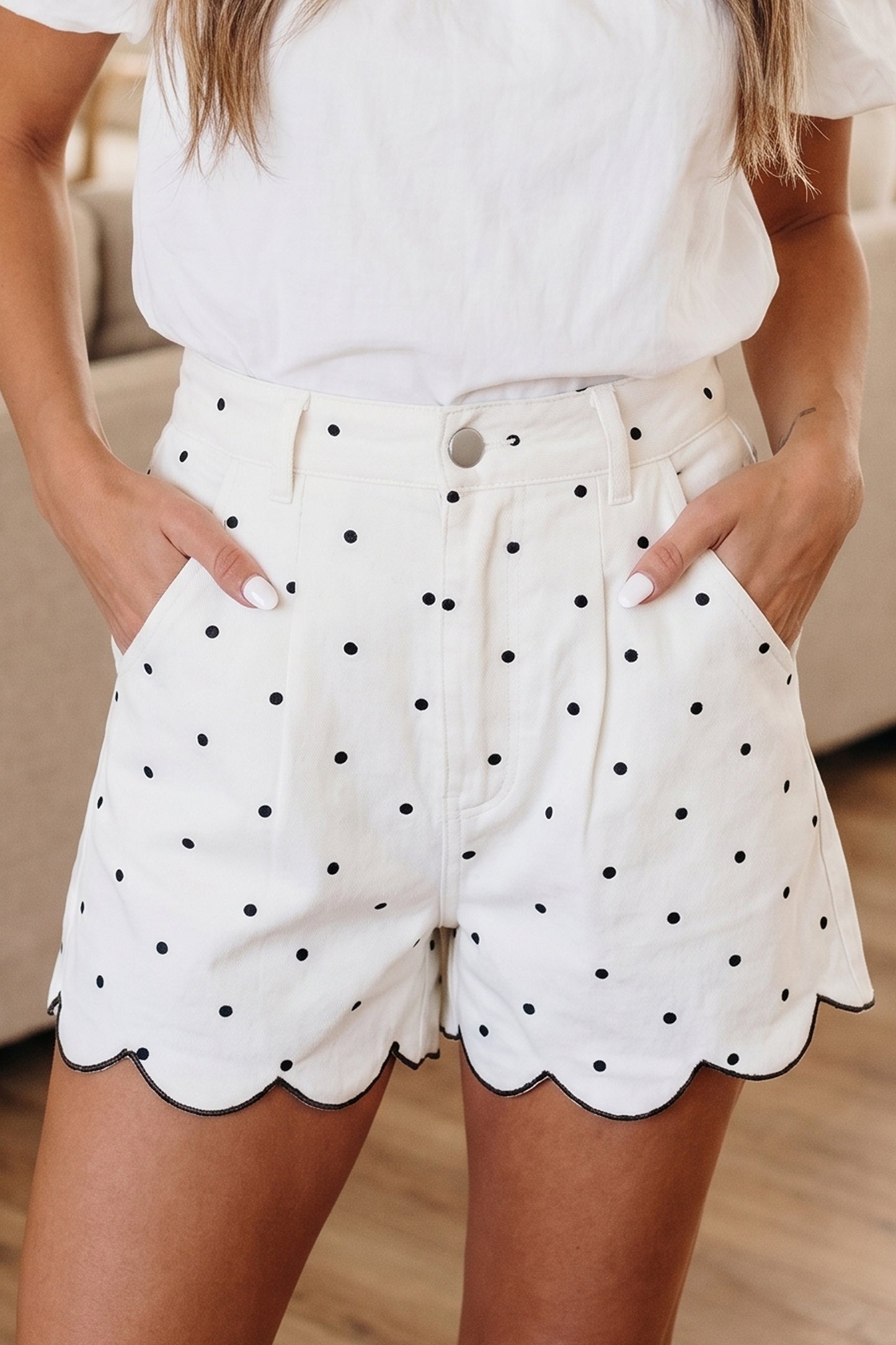 White Polka Dot Print Embroidered Scallop Hem Shorts-Bottoms/Casual Shorts-[Adult]-[Female]-White-S-2022 Online Blue Zone Planet