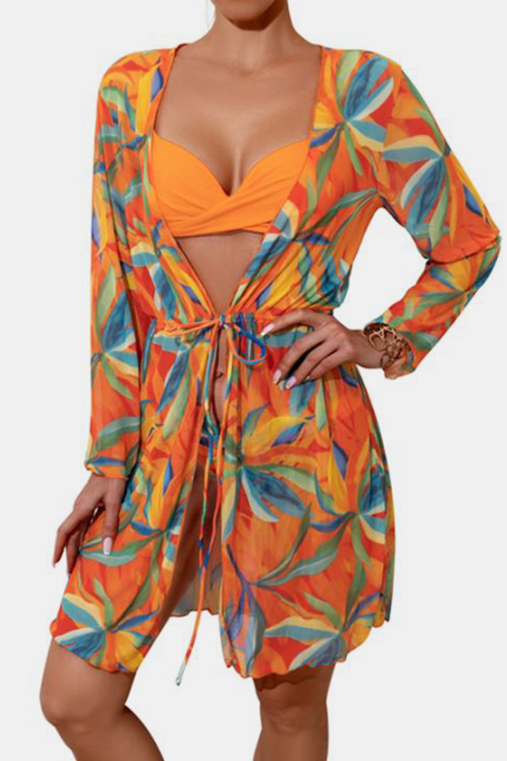 Ruched Top, Brief and Tied Cover Up Swim Set-TOPS / DRESSES-[Adult]-[Female]-Orange-S-2022 Online Blue Zone Planet