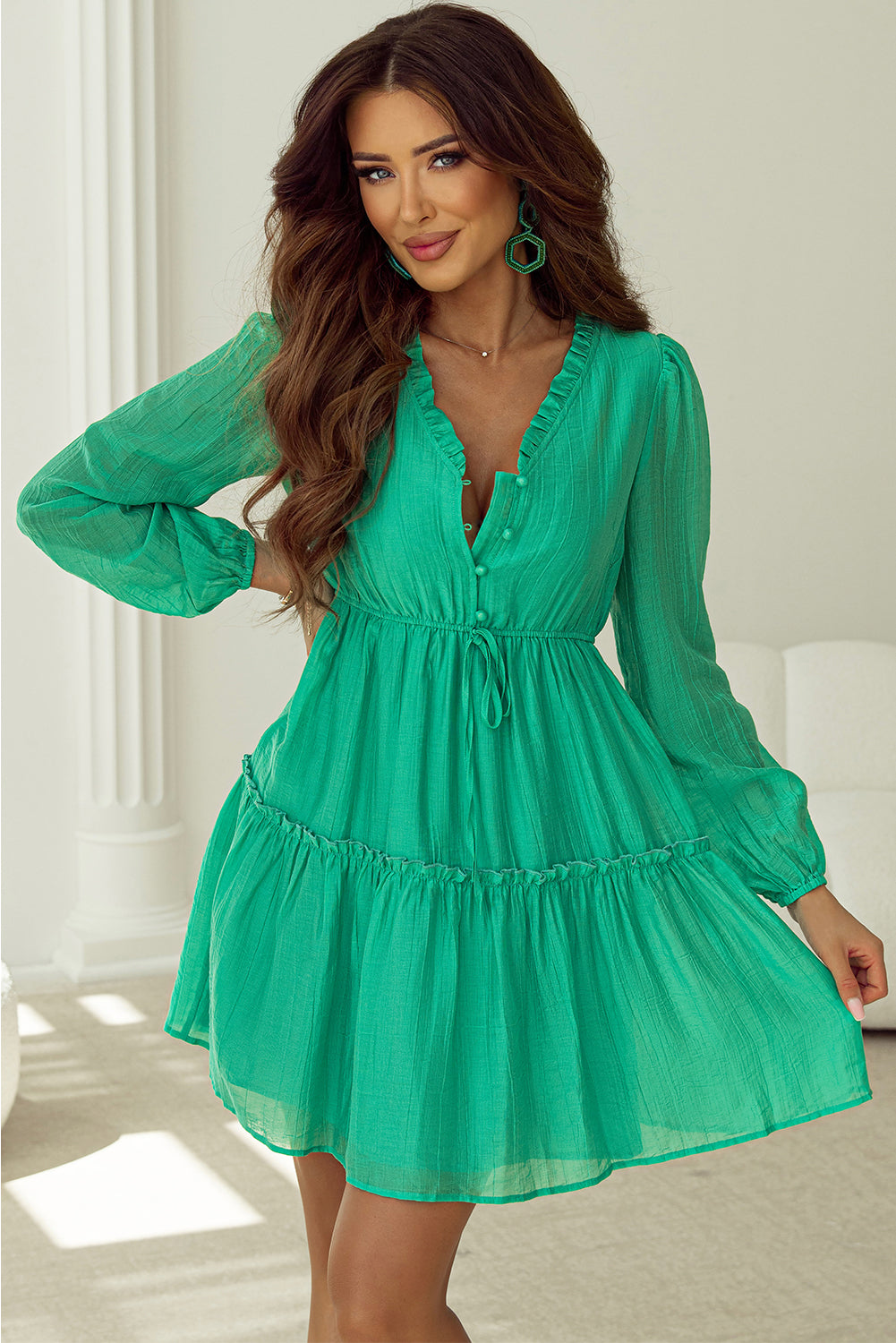 Blue Zone Planet | Sea Green Frilly V Neck Puff Sleeve Drawstring Sea Green / M / 85%Lyocell+15%Polyamide by Blue Zone Planet Blue Zone Planet | Sea Green Frilly V Neck Puff Sleeve Drawstring Sea Green / M / 85%Lyocell+15%Polyamide by Blue Zone Planet