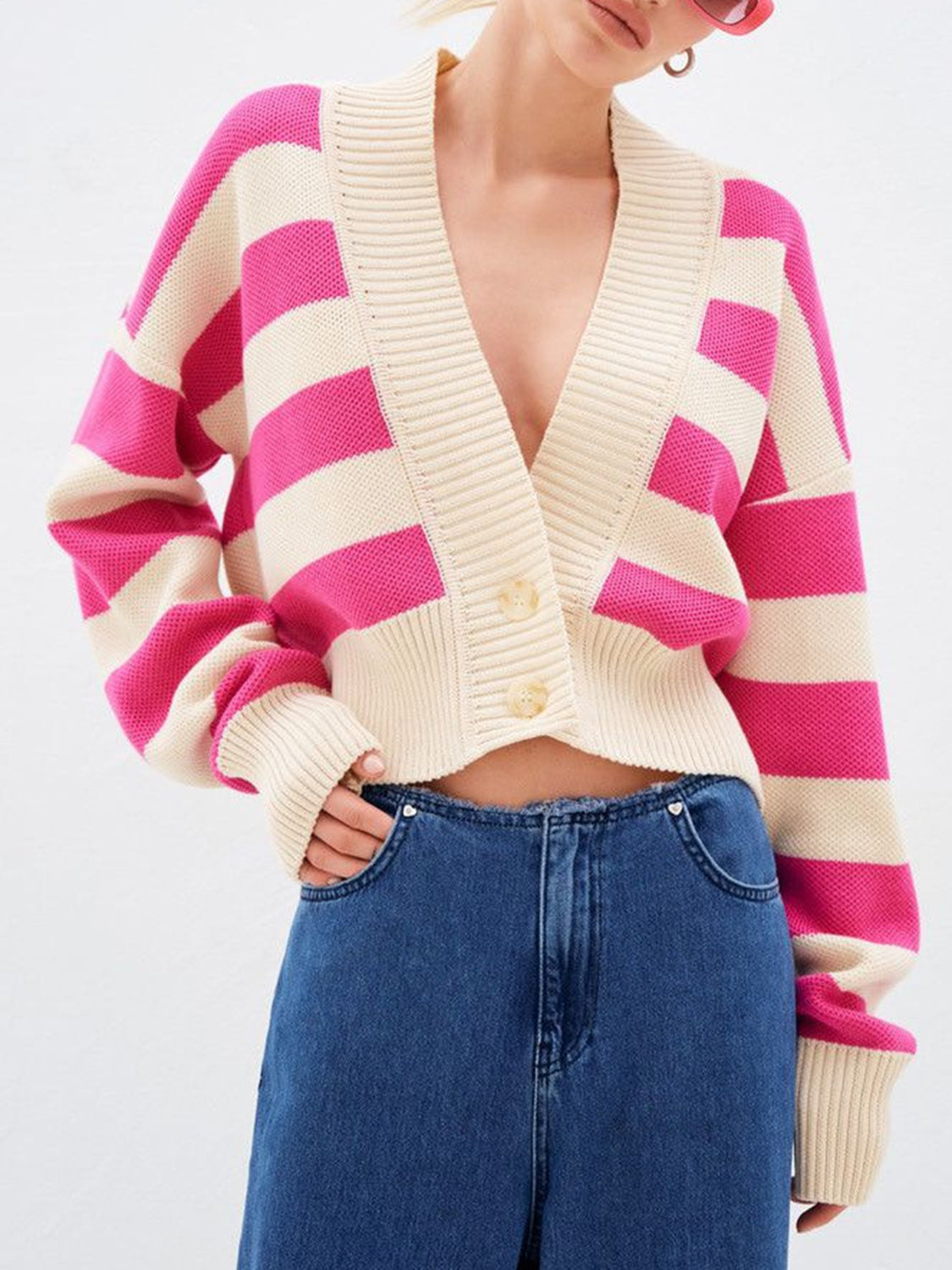 Striped Button Down Drop Shoulder Cardigan-TOPS / DRESSES-[Adult]-[Female]-Pink-One Size-2022 Online Blue Zone Planet