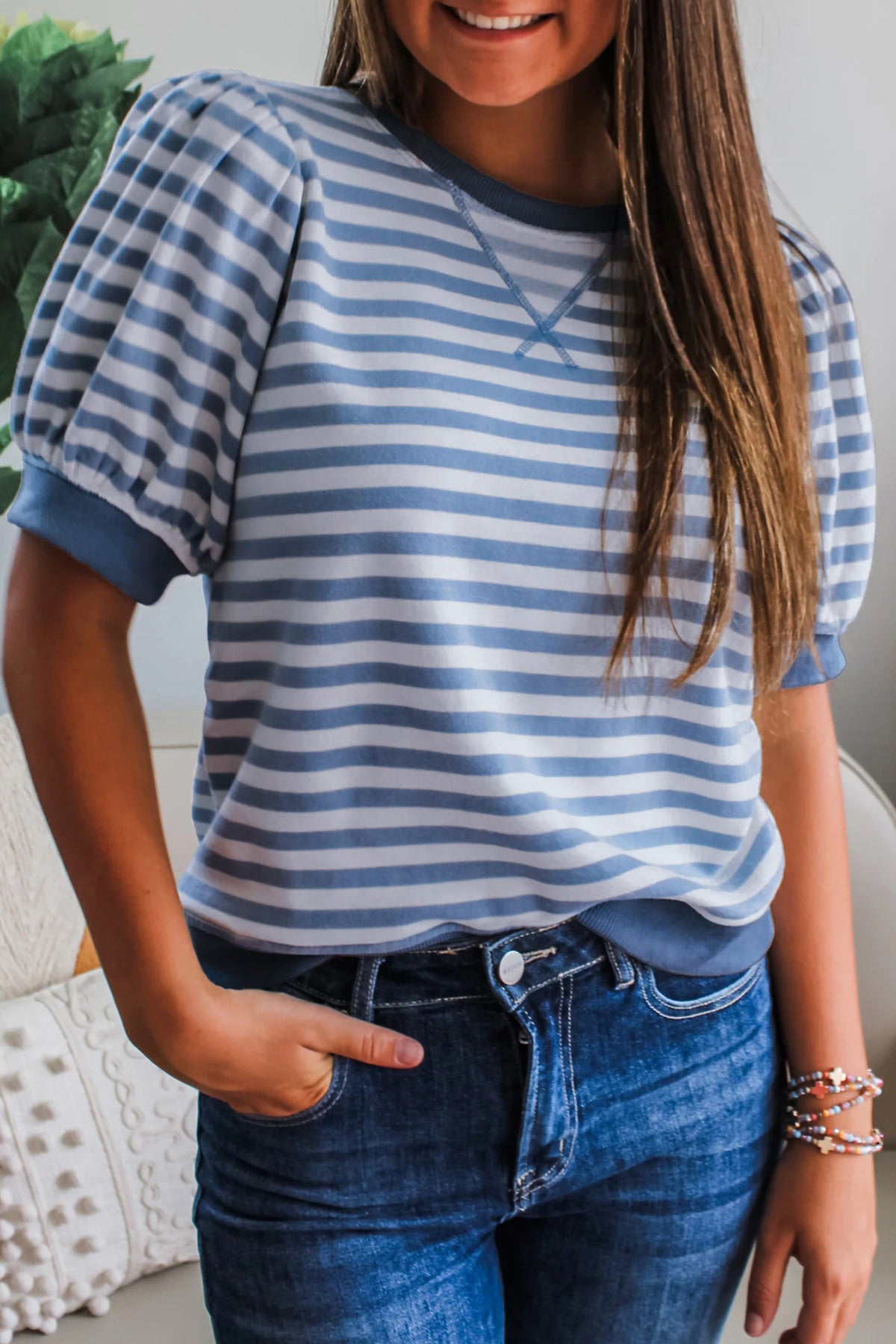 Orange Stripe Short Bubble Sleeve T Shirt-Tops/Tops & Tees-[Adult]-[Female]-2022 Online Blue Zone Planet