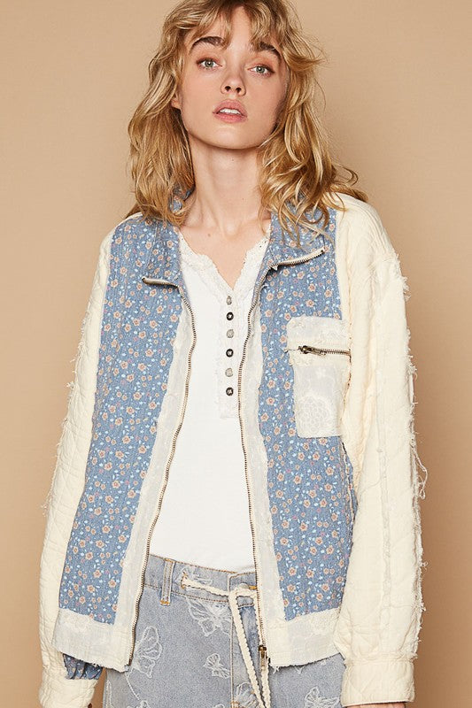 POL Floral Patchwork Zip Up Long Sleeve Jacket-TOPS / DRESSES-[Adult]-[Female]-Cream-S-2022 Online Blue Zone Planet