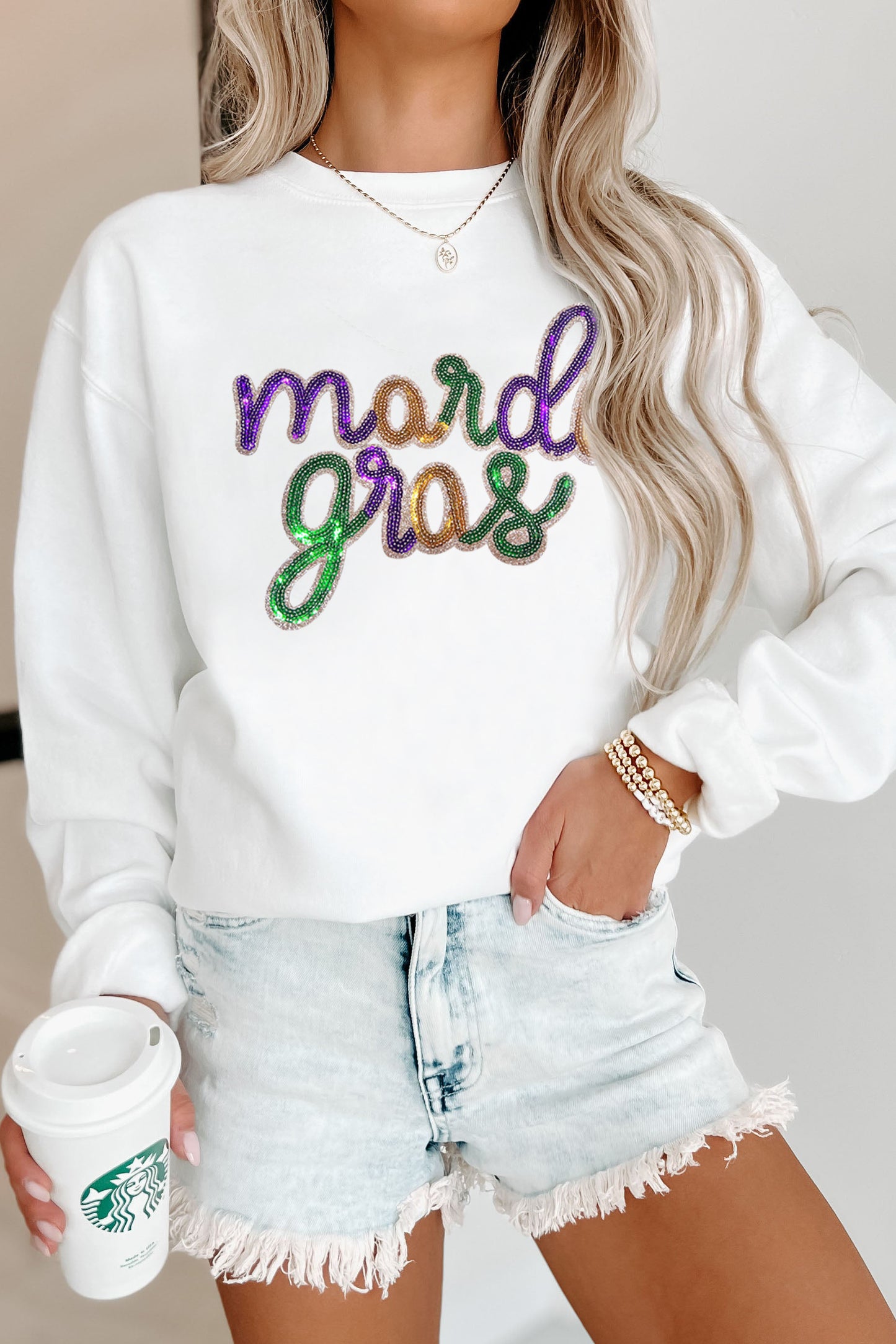 White Sequined mardi gras Graphic Crew Neck Drop Shoulder Sweatshirt-Graphic/Graphic Sweatshirts-[Adult]-[Female]-2022 Online Blue Zone Planet