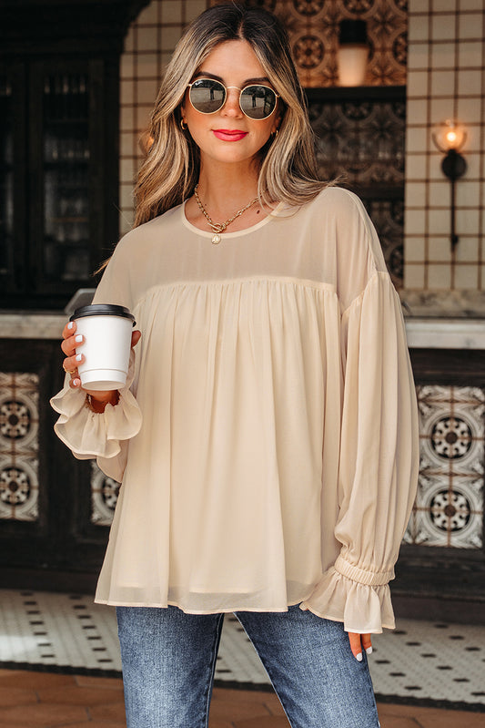 Parchment Pleated Ruffle Long Sleeve Chiffon Blouse-Tops/Blouses & Shirts-[Adult]-[Female]-2022 Online Blue Zone Planet