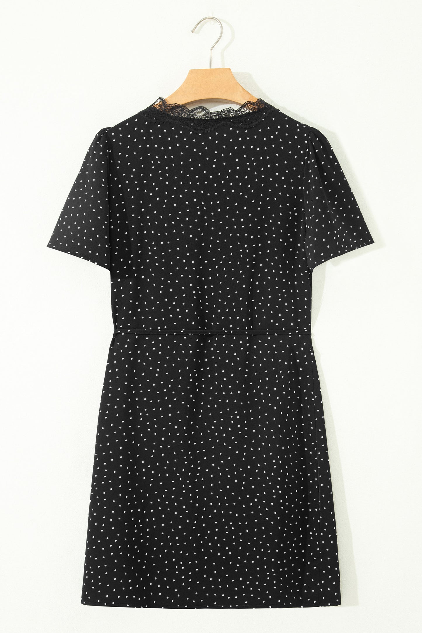 Black Polka Dot Print Lace Trim Wrap Mini Dress-TOPS / DRESSES-[Adult]-[Female]-2022 Online Blue Zone Planet