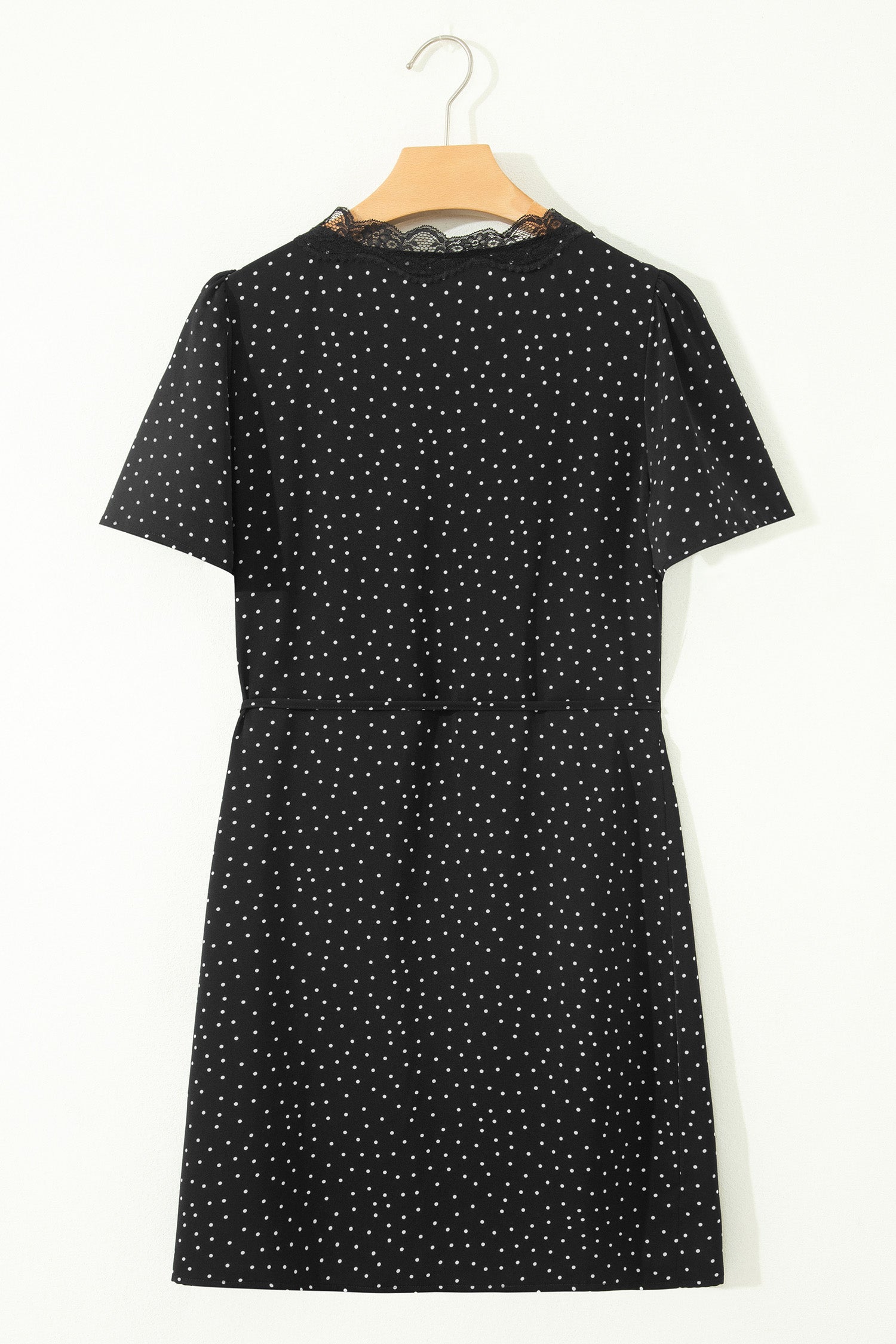 Black Polka Dot Print Lace Trim Wrap Mini Dress-TOPS / DRESSES-[Adult]-[Female]-2022 Online Blue Zone Planet