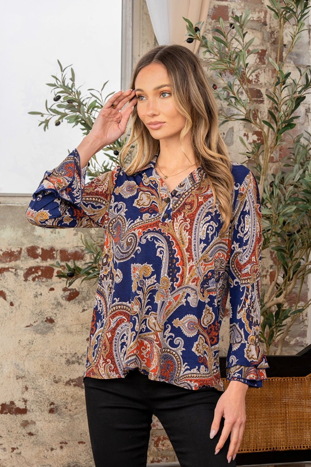 Blue Zone Planet | Sew In Love Full Size Wrinkle Free Paisley Print Long Sleeve Top-TOPS / DRESSES-[Adult]-[Female]-2022 Online Blue Zone Planet