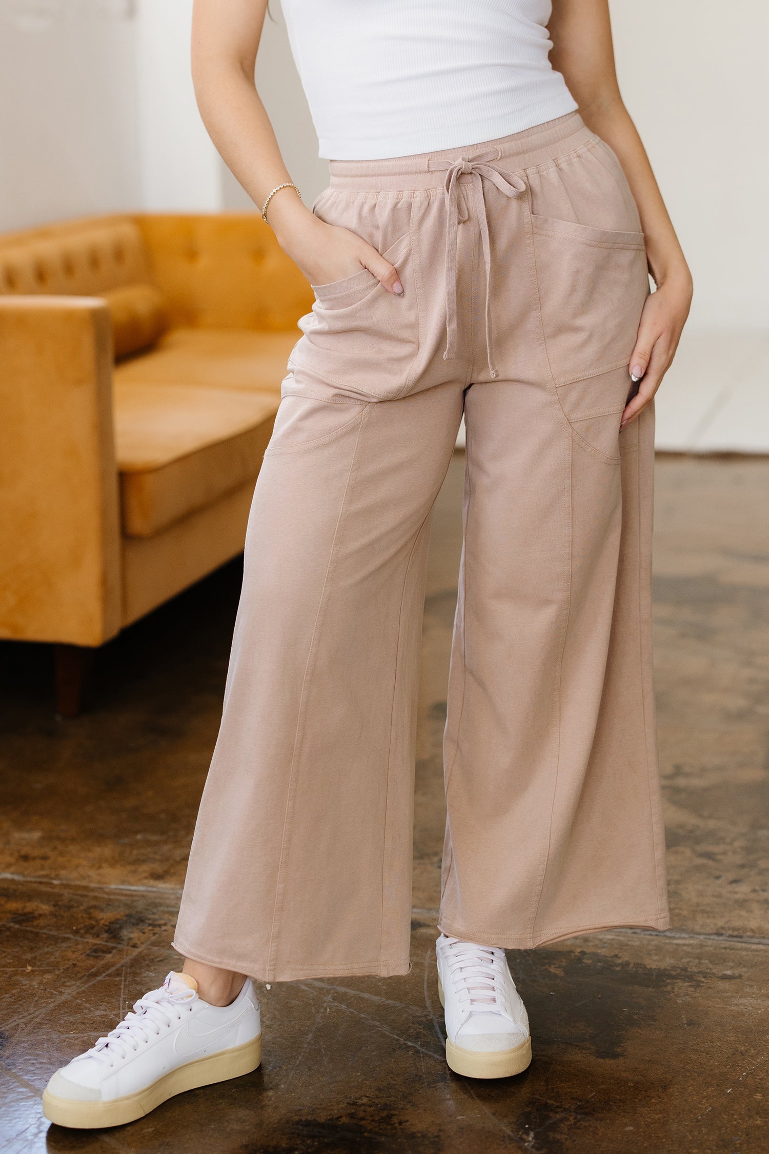 Smoke Gray Solid Color Mineral Wash Piping Trim Pocketed Wide Leg Pants-Bottoms/Pants & Culotte-[Adult]-[Female]-2022 Online Blue Zone Planet