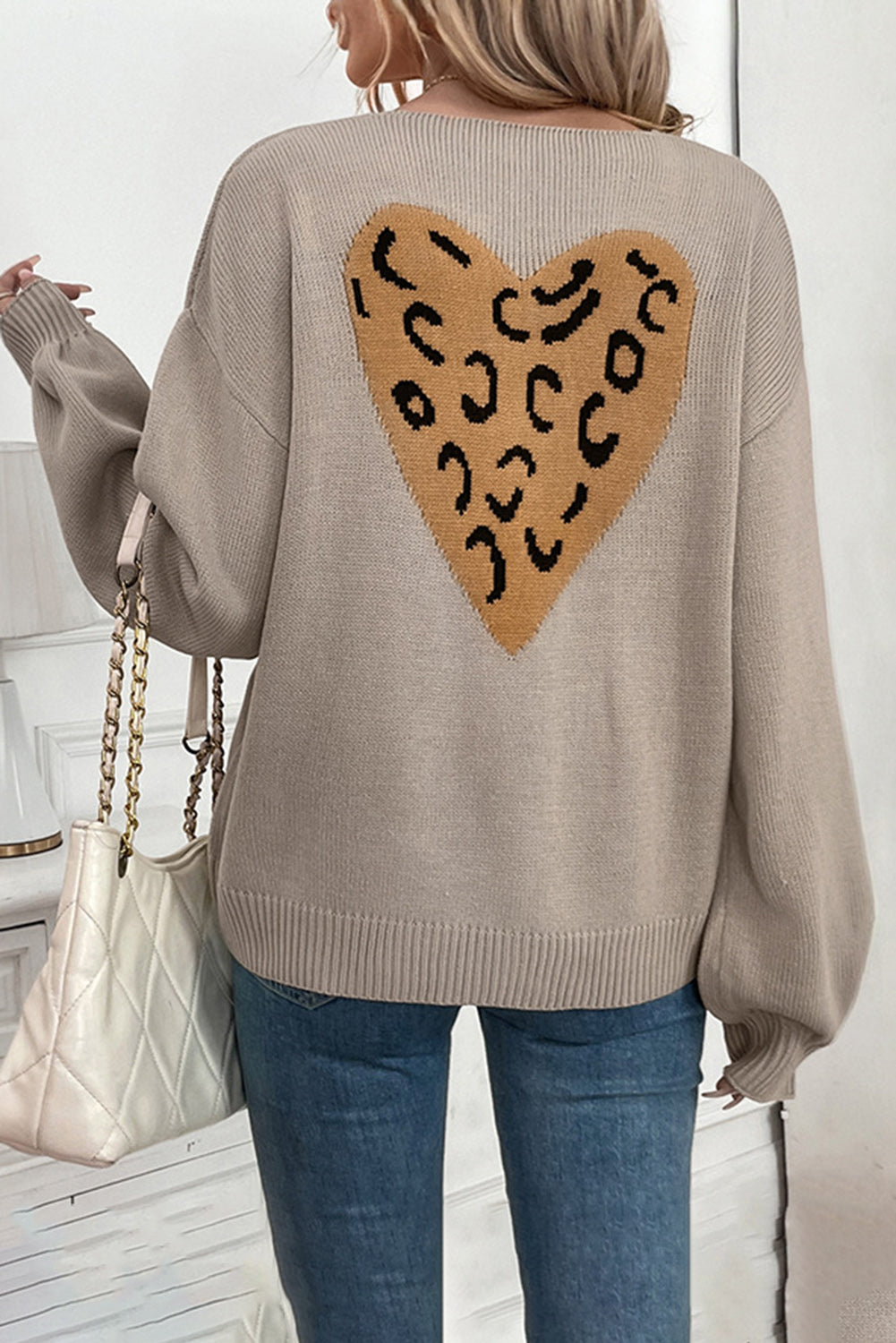 Gray Bowknot Front Leopard Heart Back Knit Cardigan-Cardigans-[Adult]-[Female]-2022 Online Blue Zone Planet