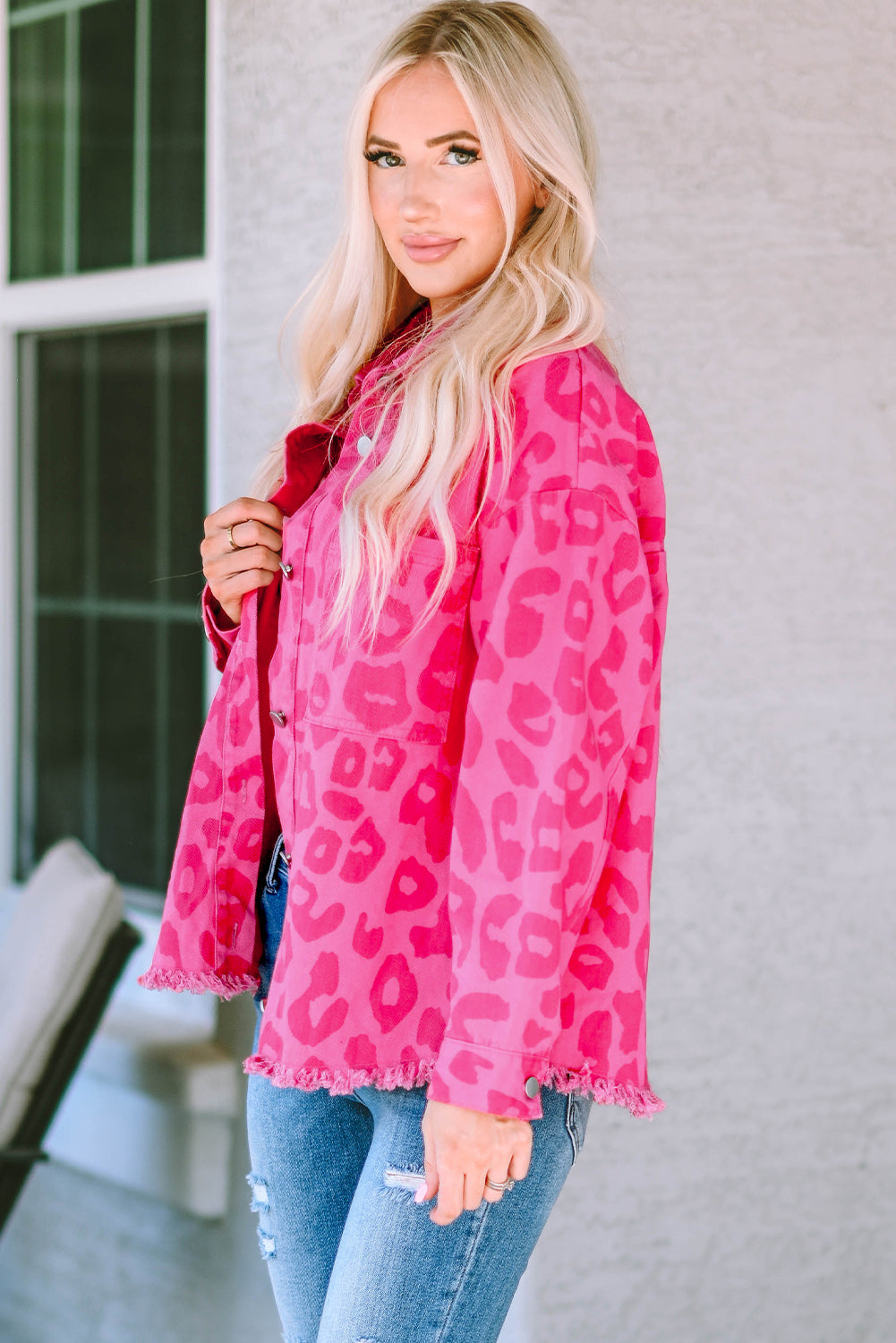 Pink Leopard Print Button Cuffs Raw Hem Jacket-Sale (50% OFF)/30% OFF-[Adult]-[Female]-2022 Online Blue Zone Planet