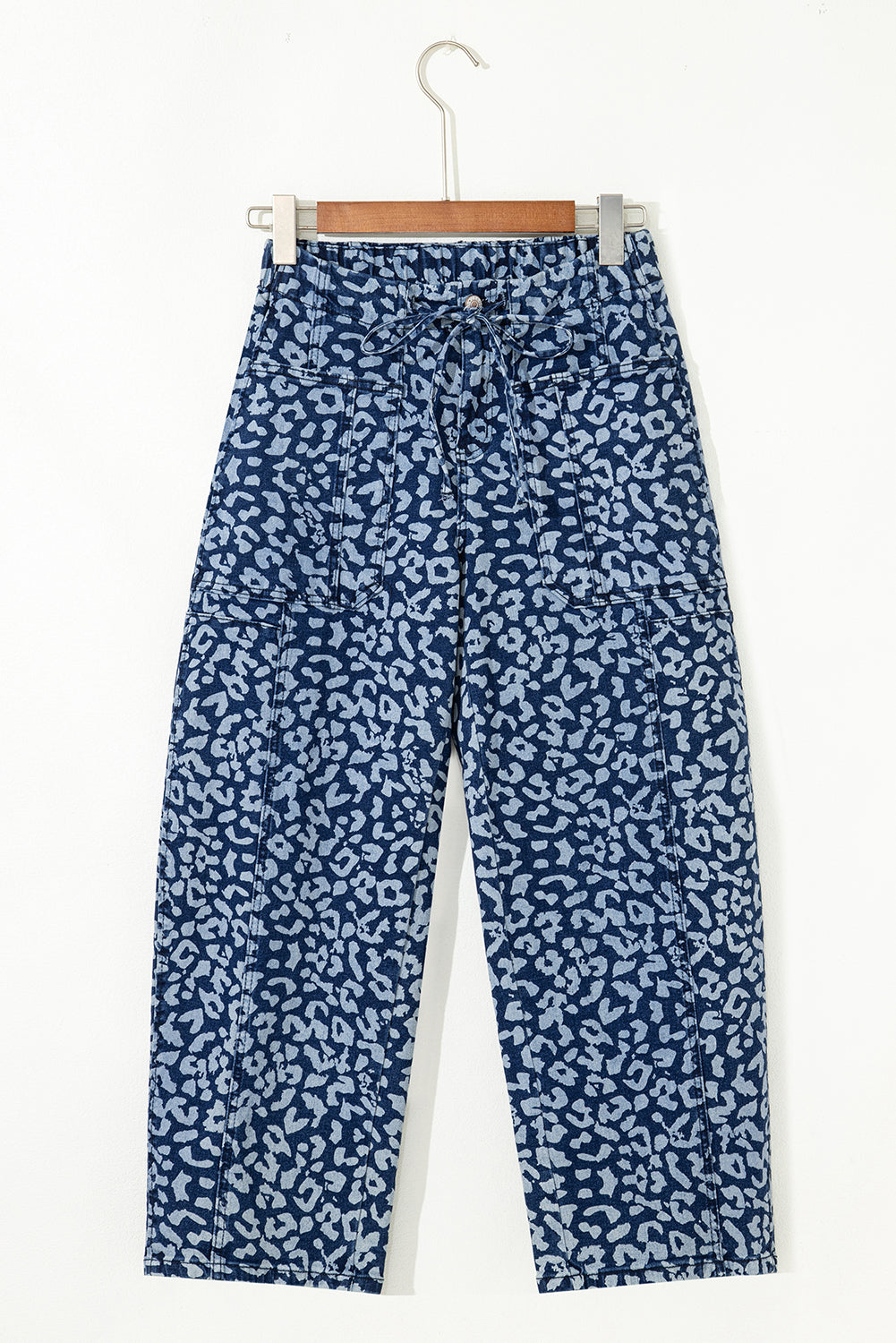 Blue Leopard Printed Drawstring Elastic Waistband Pocketed Wide Leg Jeans-Bottoms/Jeans-[Adult]-[Female]-2022 Online Blue Zone Planet