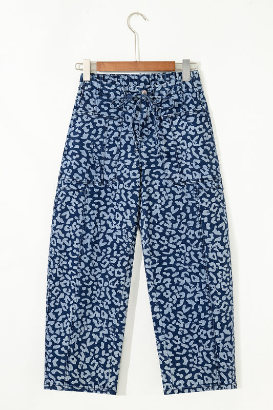 Blue Leopard Printed Drawstring Elastic Waistband Pocketed Wide Leg Jeans-Bottoms/Jeans-[Adult]-[Female]-2022 Online Blue Zone Planet