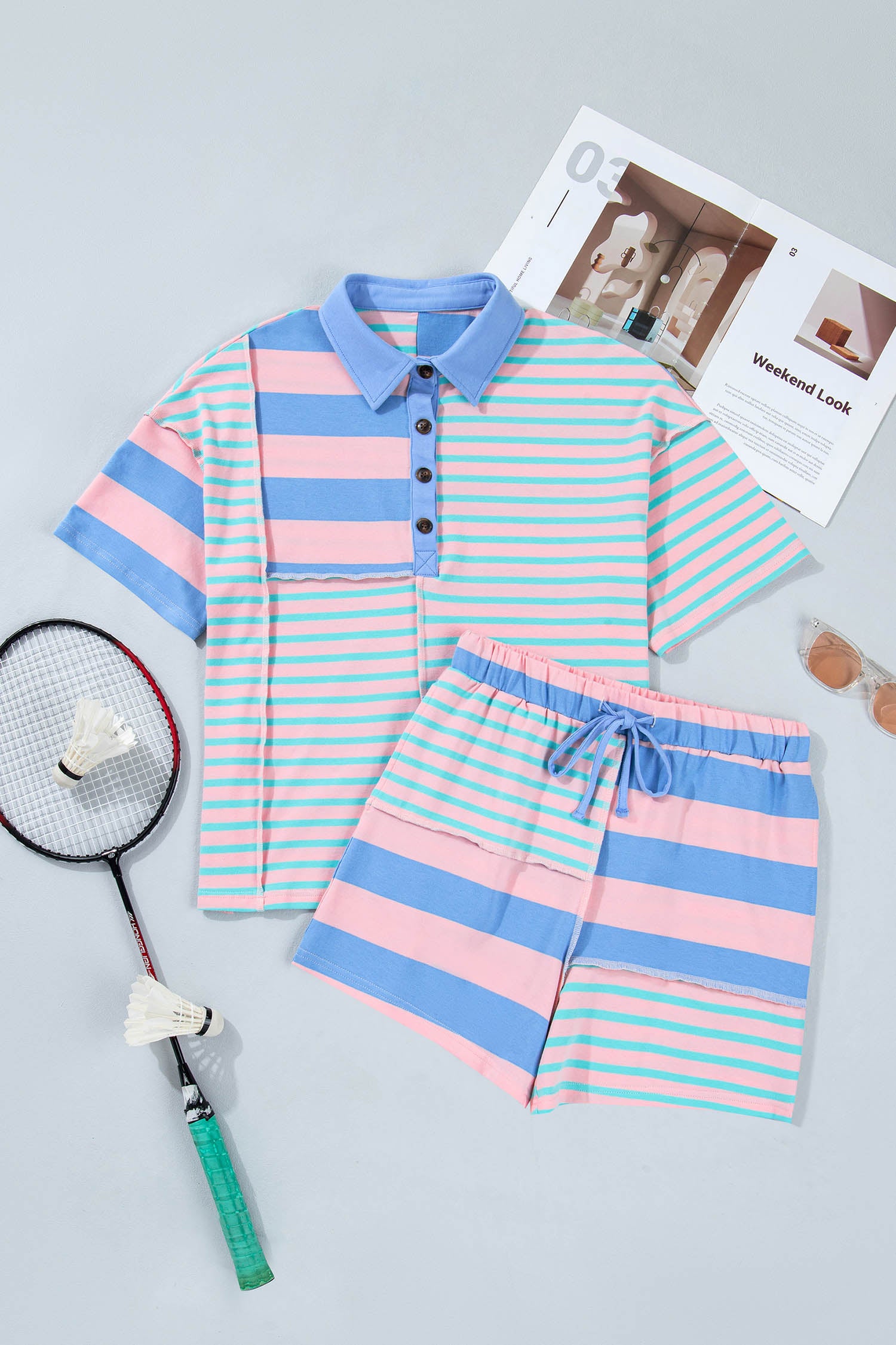 Pink Stripe Exposed Seam Mixed Patchwork Loose Short Set-Two Piece Sets/Short Sets-[Adult]-[Female]-2022 Online Blue Zone Planet