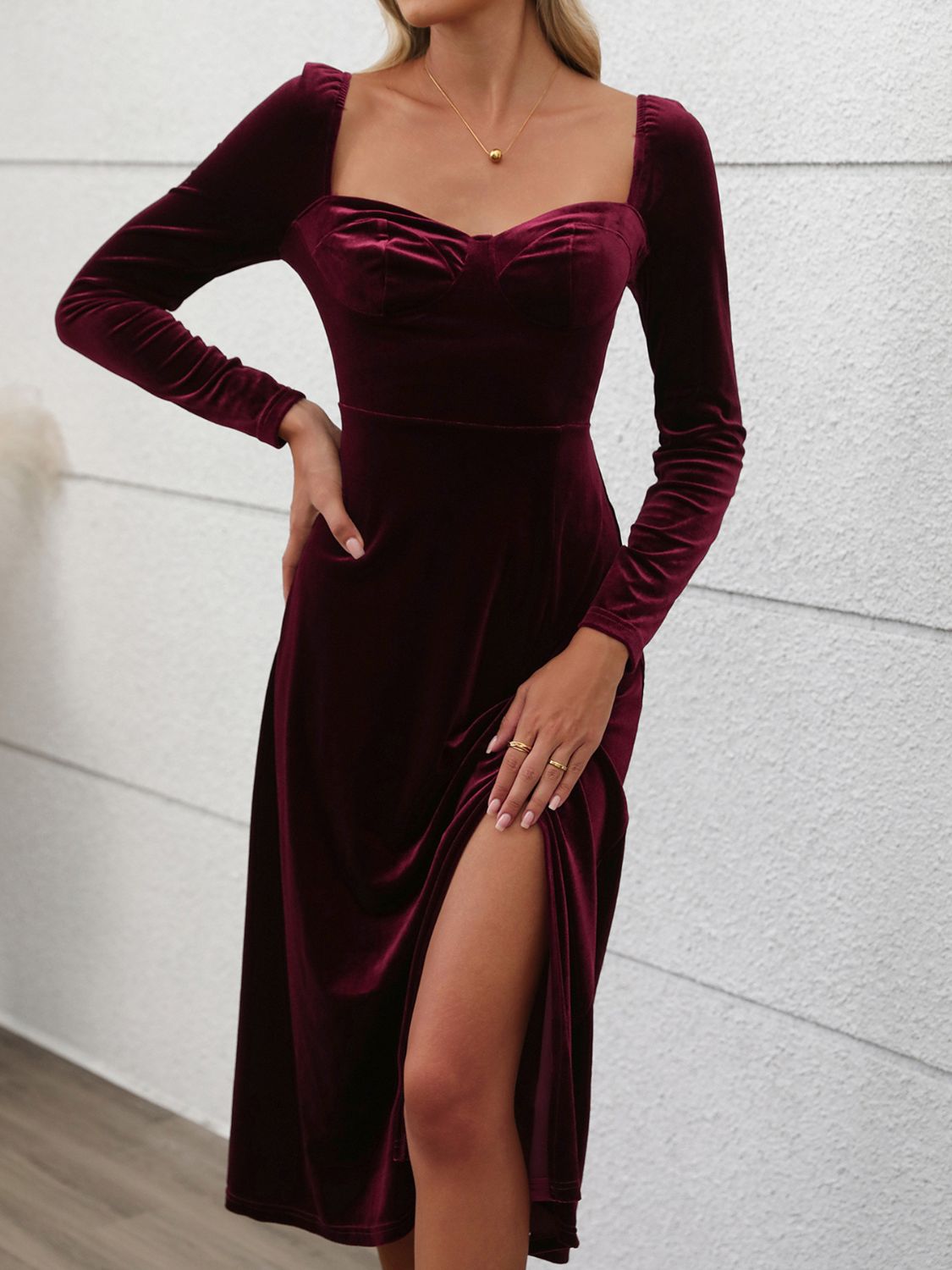 Perfee Sweetheart Neck Long Sleeve Midi Dress-TOPS / DRESSES-[Adult]-[Female]-2022 Online Blue Zone Planet