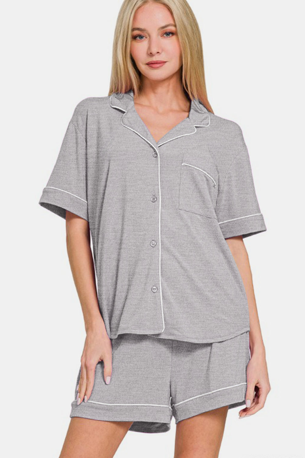 Blue Zone Planet | Zenana Button Down Short Sleeve Top and Shorts Lounge Set-TOPS / DRESSES-[Adult]-[Female]-Light Gray-S-2022 Online Blue Zone Planet