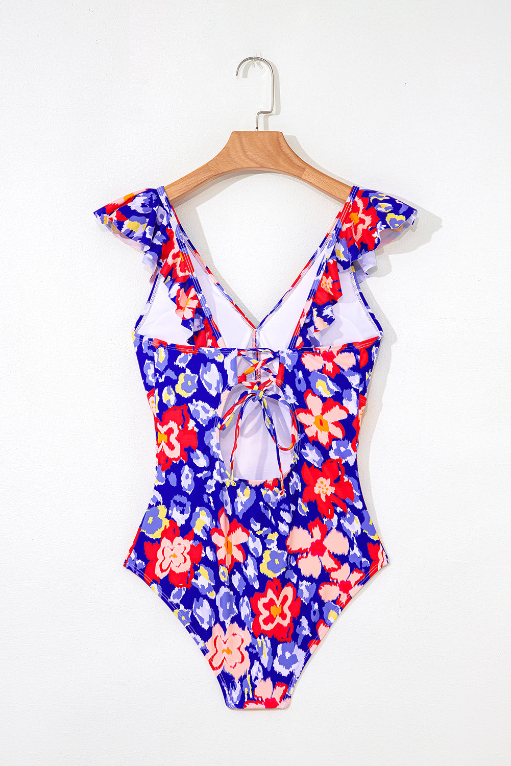 Blue Floral Ruffle Trim V Neck Lace-Up Back Tummy Control One Piece Swimsuit-Swimwear/One Piece Swimsuit-[Adult]-[Female]-2022 Online Blue Zone Planet