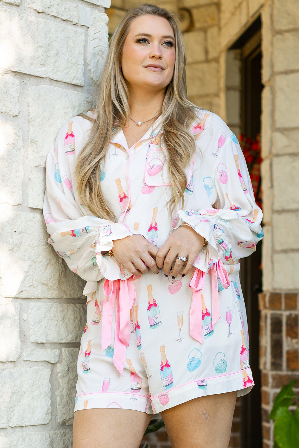White Wine Glass Print Ribbon Bow Decor Plus Size Pajama Set-Plus Size Matching Sets-[Adult]-[Female]-2022 Online Blue Zone Planet