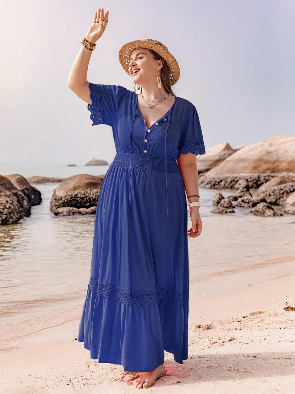 plus size blue beach dress Plus Size Beach Wedding Guest Dresses Detachable Puffy Sleeves Blue / US:14-16 main image 0