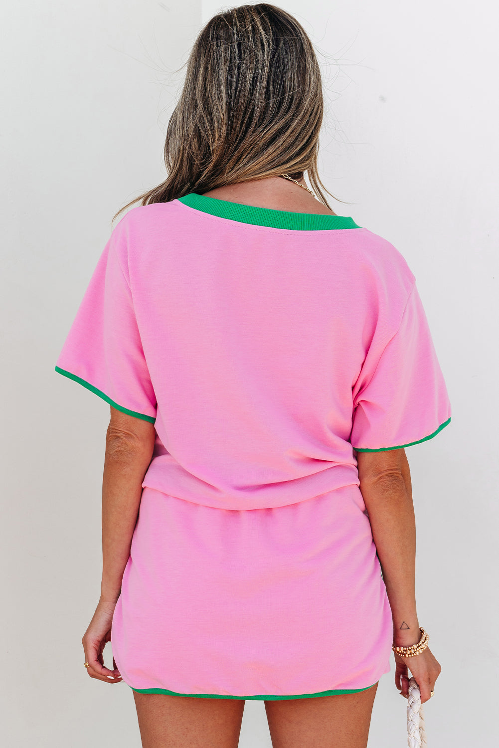 Bonbon Colorblock Edge Drop Shoulder T Shirt and Skort 2Pcs Set-Two Piece Sets/Short Sets-[Adult]-[Female]-2022 Online Blue Zone Planet