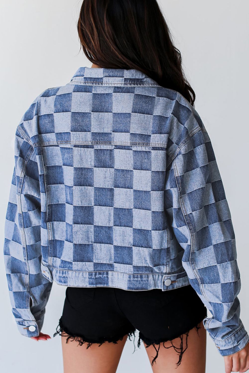 Checkered Button Up Denim Jacket-TOPS / DRESSES-[Adult]-[Female]-2022 Online Blue Zone Planet