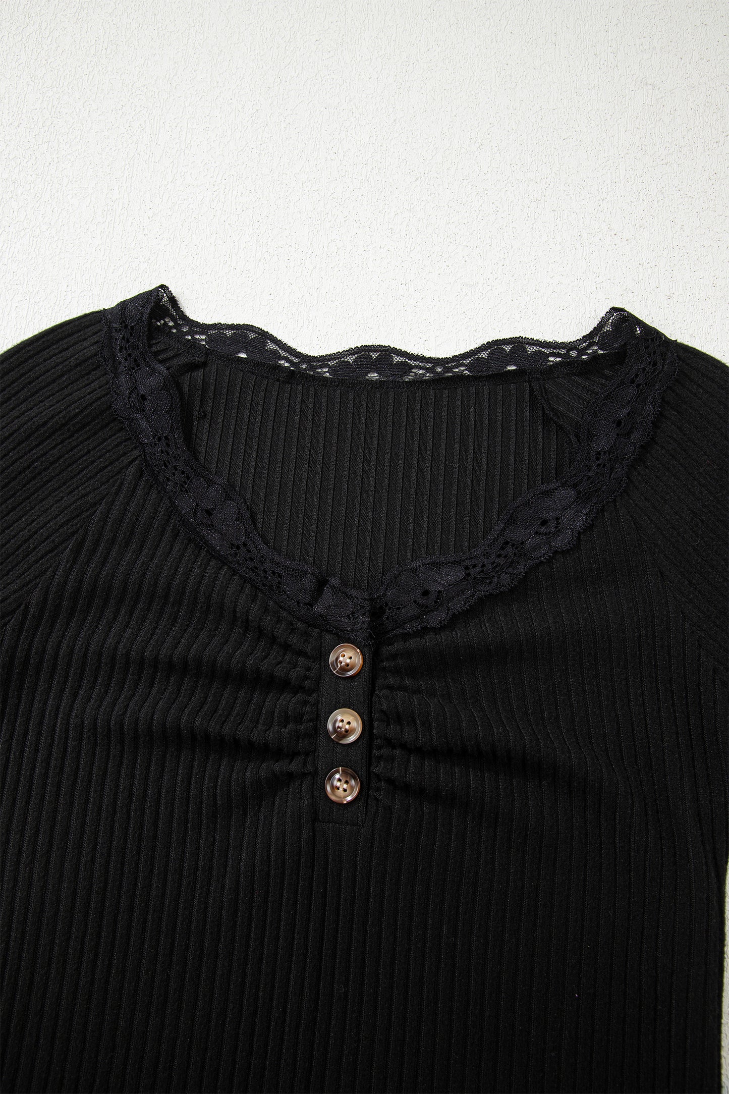 Black Lace Neckline Button Decor Lettuce Edge Long Sleeve Ribbed Top-Tops/Long Sleeve Tops-[Adult]-[Female]-2022 Online Blue Zone Planet