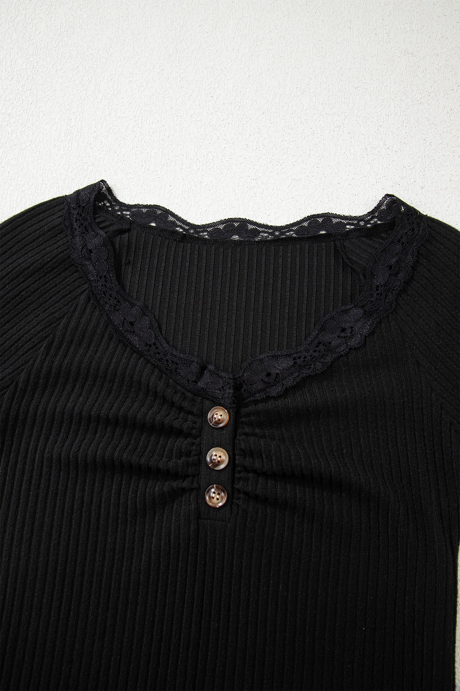 Black Lace Neckline Button Decor Lettuce Edge Long Sleeve Ribbed Top-Tops/Long Sleeve Tops-[Adult]-[Female]-2022 Online Blue Zone Planet