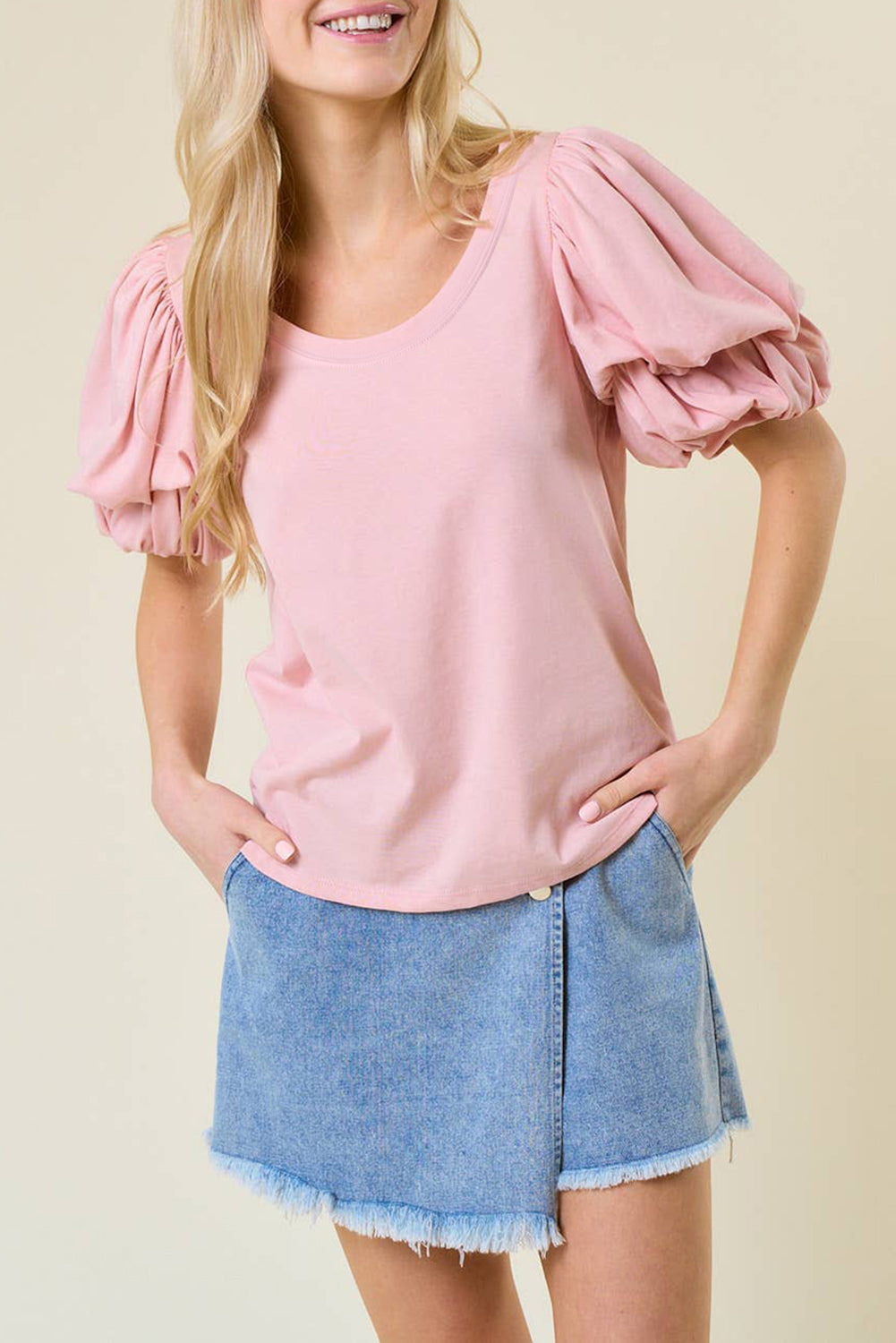 Light Pink Scoop Neck Bubble Sleeve Tee-Tops/Blouses & Shirts-[Adult]-[Female]-Light Pink-S-2022 Online Blue Zone Planet