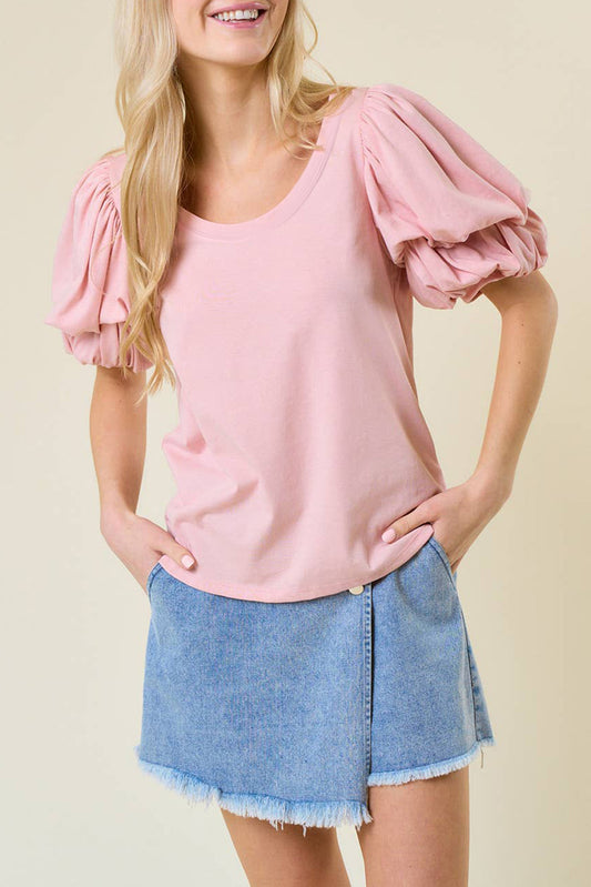 Light Pink Scoop Neck Bubble Sleeve Tee-Tops/Blouses & Shirts-[Adult]-[Female]-Light Pink-S-2022 Online Blue Zone Planet