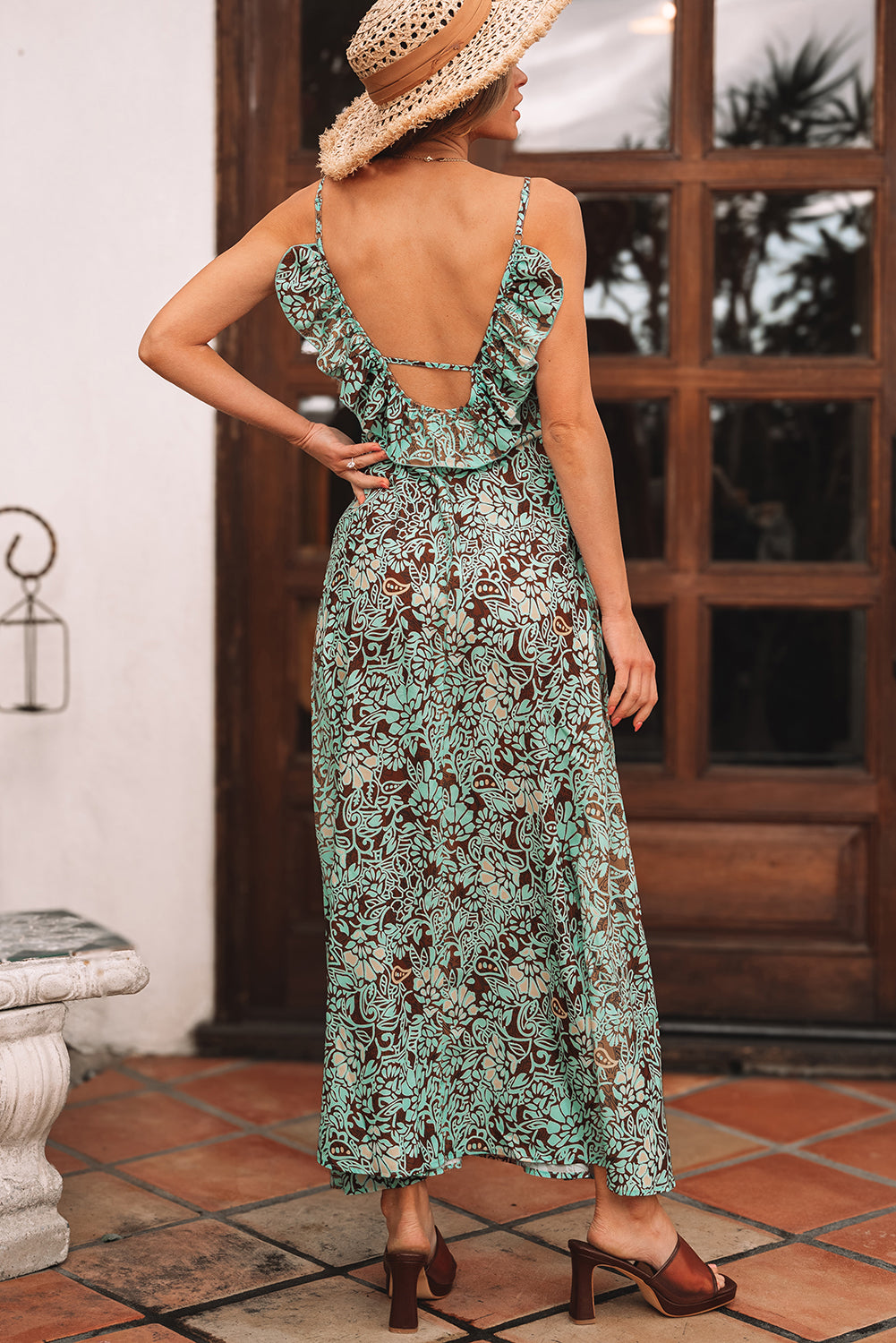 Green Floral Print V Neck Ruffled Trim Backless Tassel Waist Maxi Dress-Dresses/Floral Dresses-[Adult]-[Female]-2022 Online Blue Zone Planet