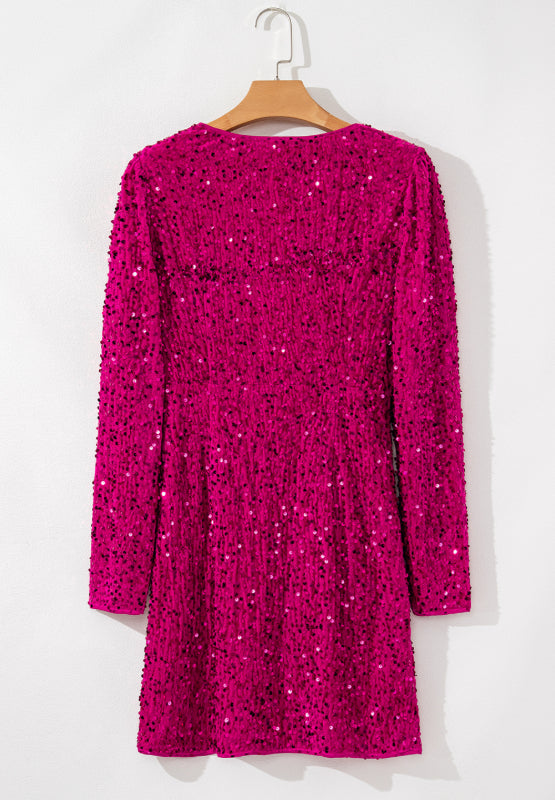 Sequin Surplice Long Sleeve Mini Dress-TOPS / DRESSES-[Adult]-[Female]-2022 Online Blue Zone Planet