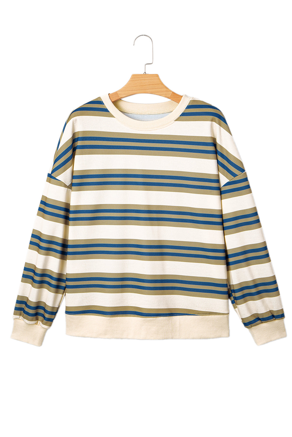 Khaki Stripe Crew Neck Drop Shoulder Pullover Sweatshirt-Tops/Sweatshirts & Hoodies-[Adult]-[Female]-2022 Online Blue Zone Planet