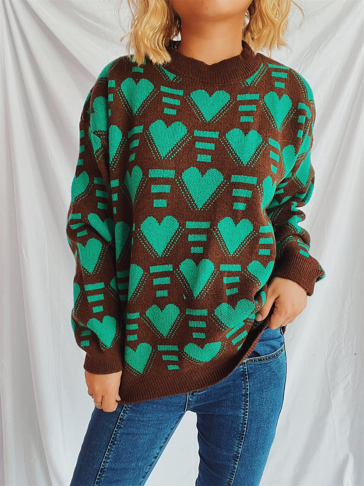 Heart Contrast Long Sleeve Dropped Shoulder Sweater-TOPS / DRESSES-[Adult]-[Female]-2022 Online Blue Zone Planet