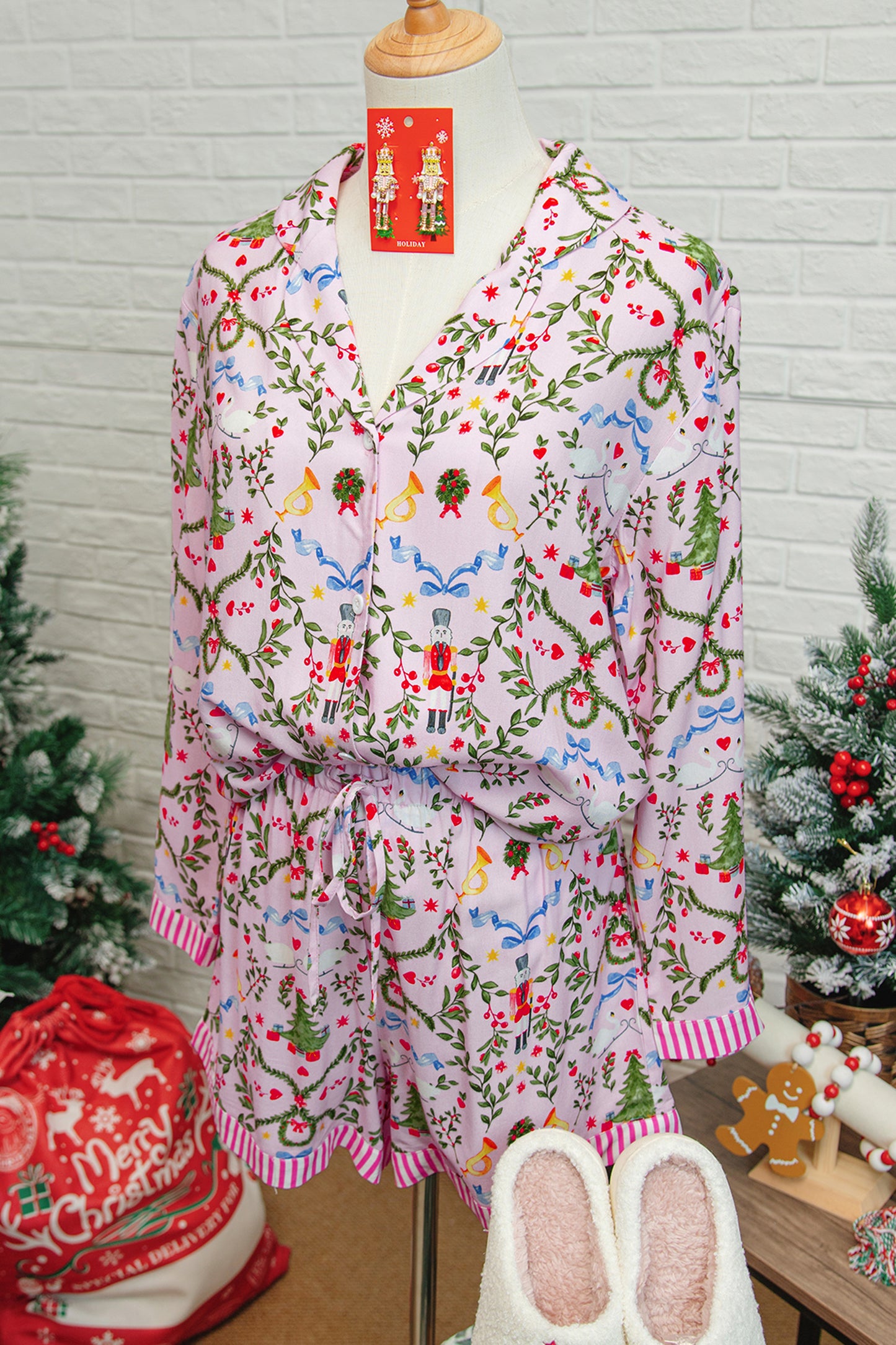 Pink Christmas Holiday Print Nutcracker Long Sleeve Shorts 2pcs Pajama Set-Loungewear & Sleepwear/Sleepwear-[Adult]-[Female]-2022 Online Blue Zone Planet